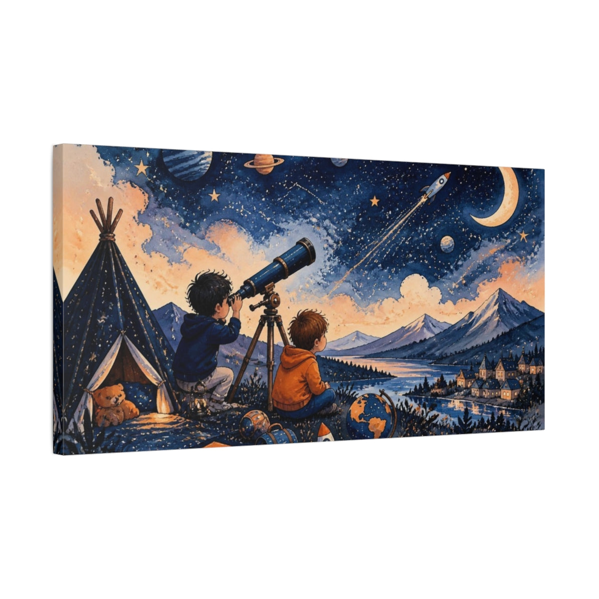 Side Mockup 1. Kids Stargazing Adventure shown as canvas print