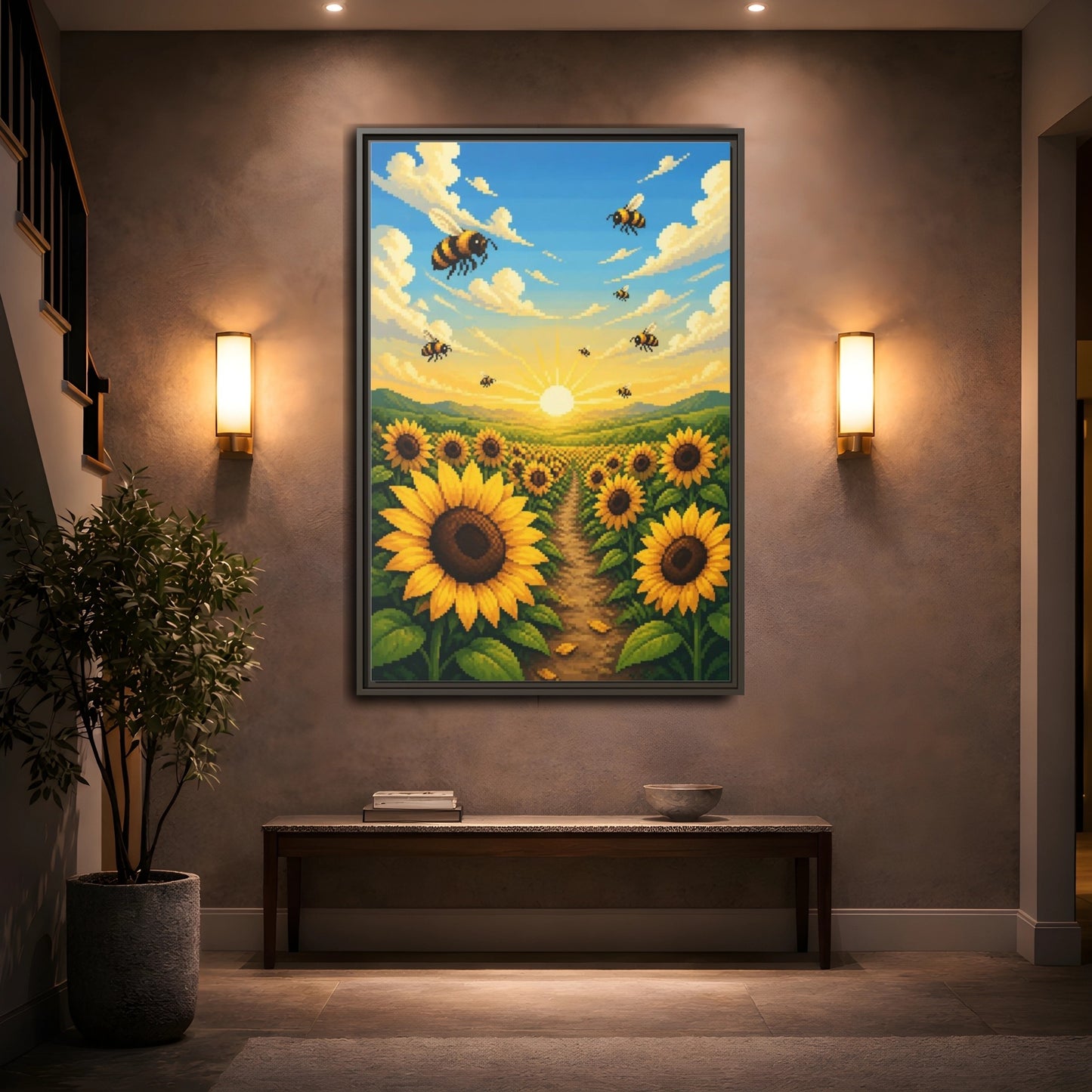 Mockup 2. Kids Sunflower Field shown as framed canvas print