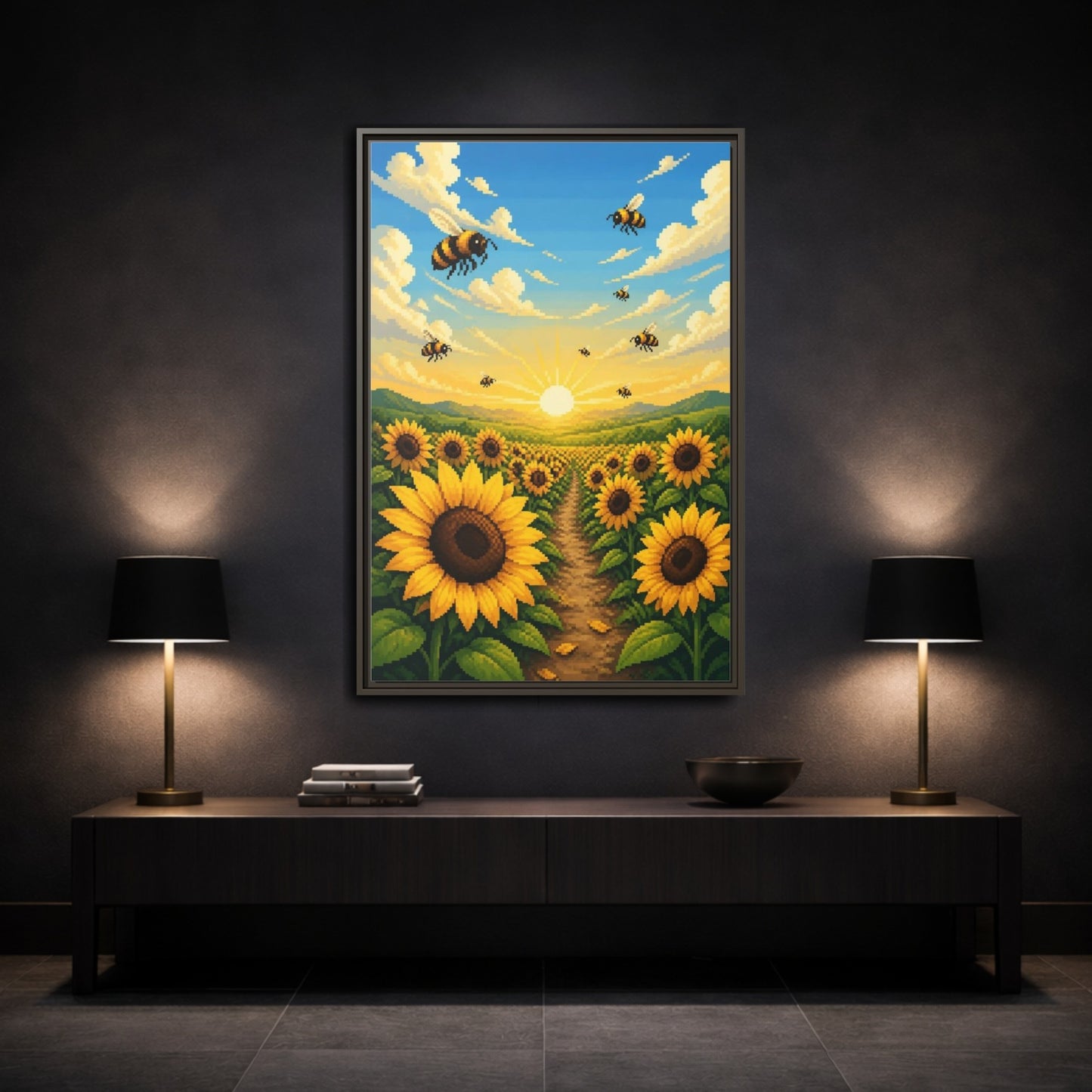 Mockup 3. Kids Sunflower Field shown as framed canvas print