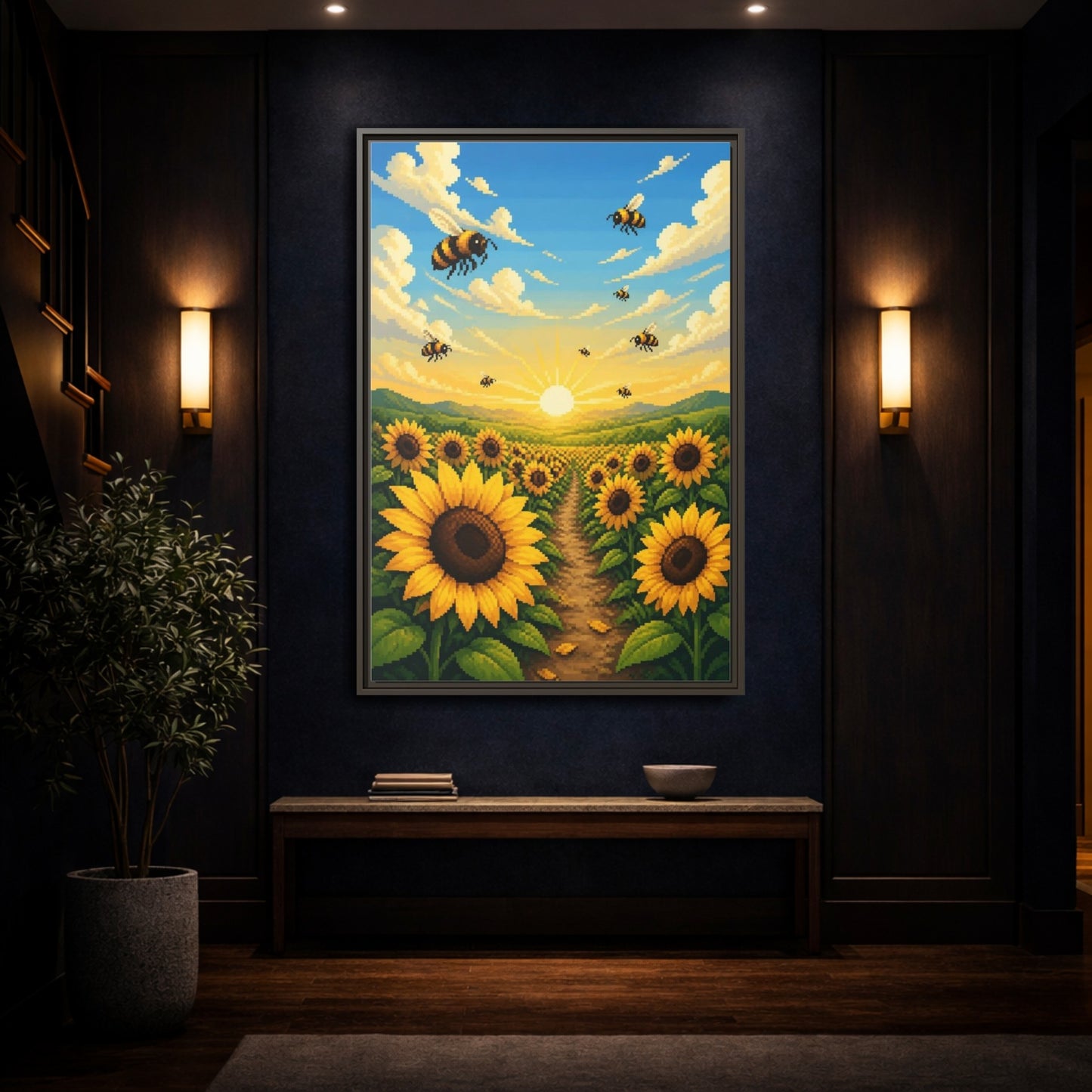 Mockup 4. Kids Sunflower Field shown as framed canvas print
