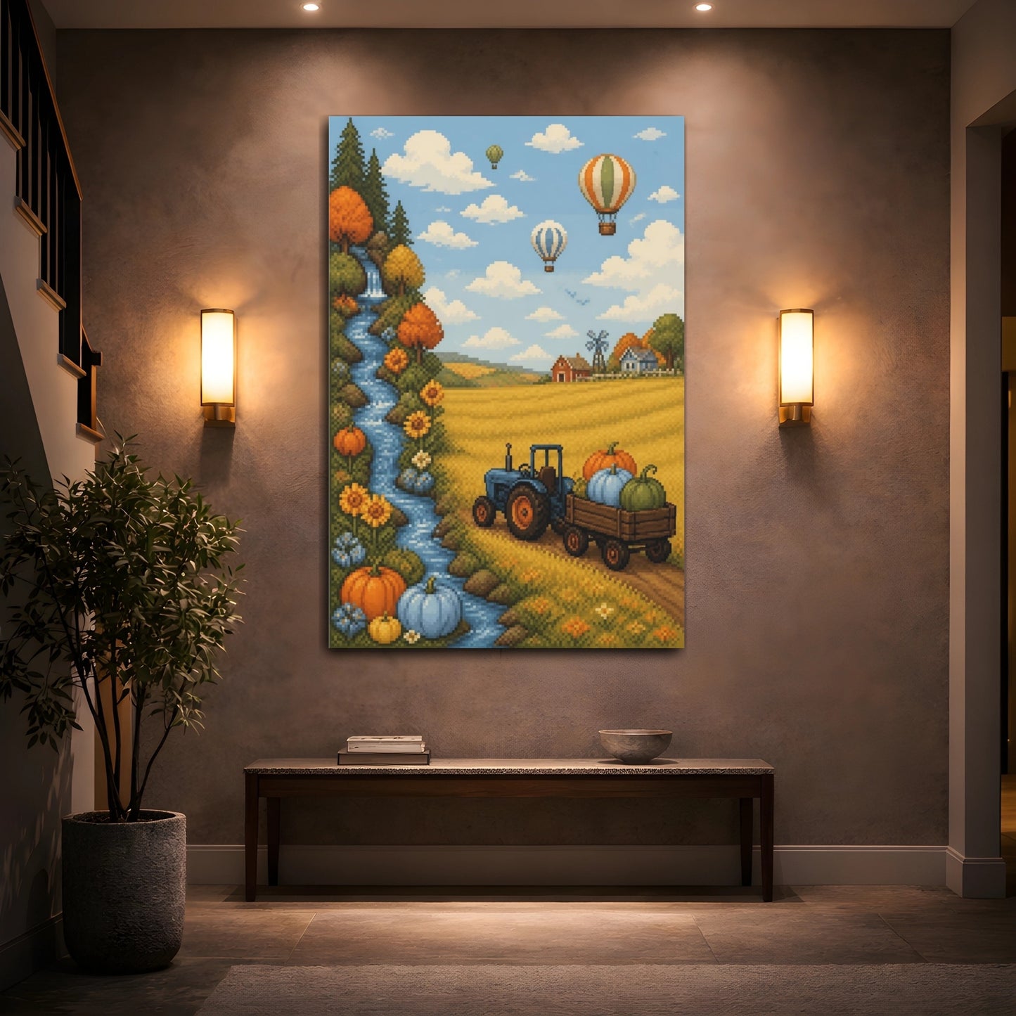 Mockup 2. Kids Tractor Pumpkin Scene shown as canvas print