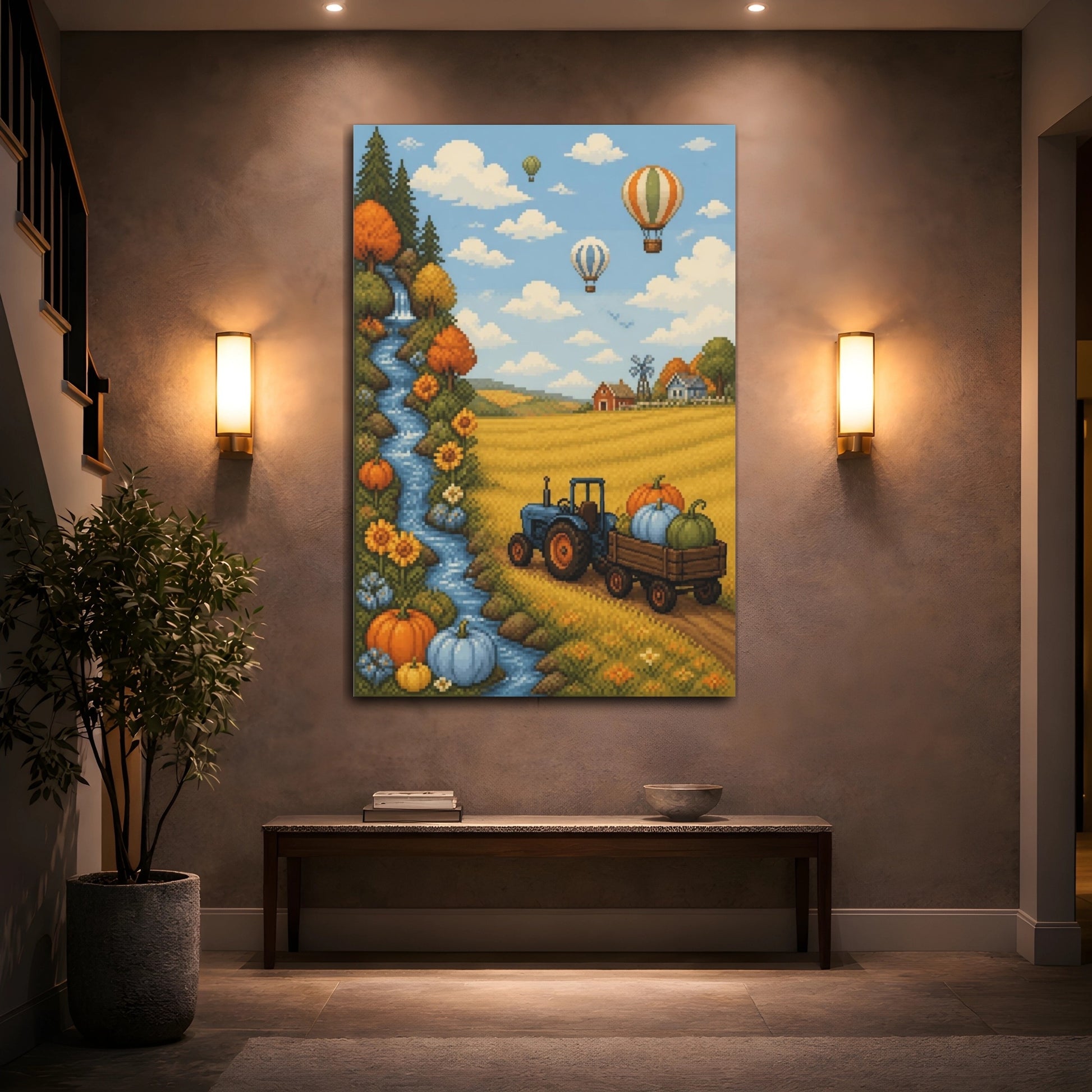 Mockup 2. Kids Tractor Pumpkin Scene shown as canvas print