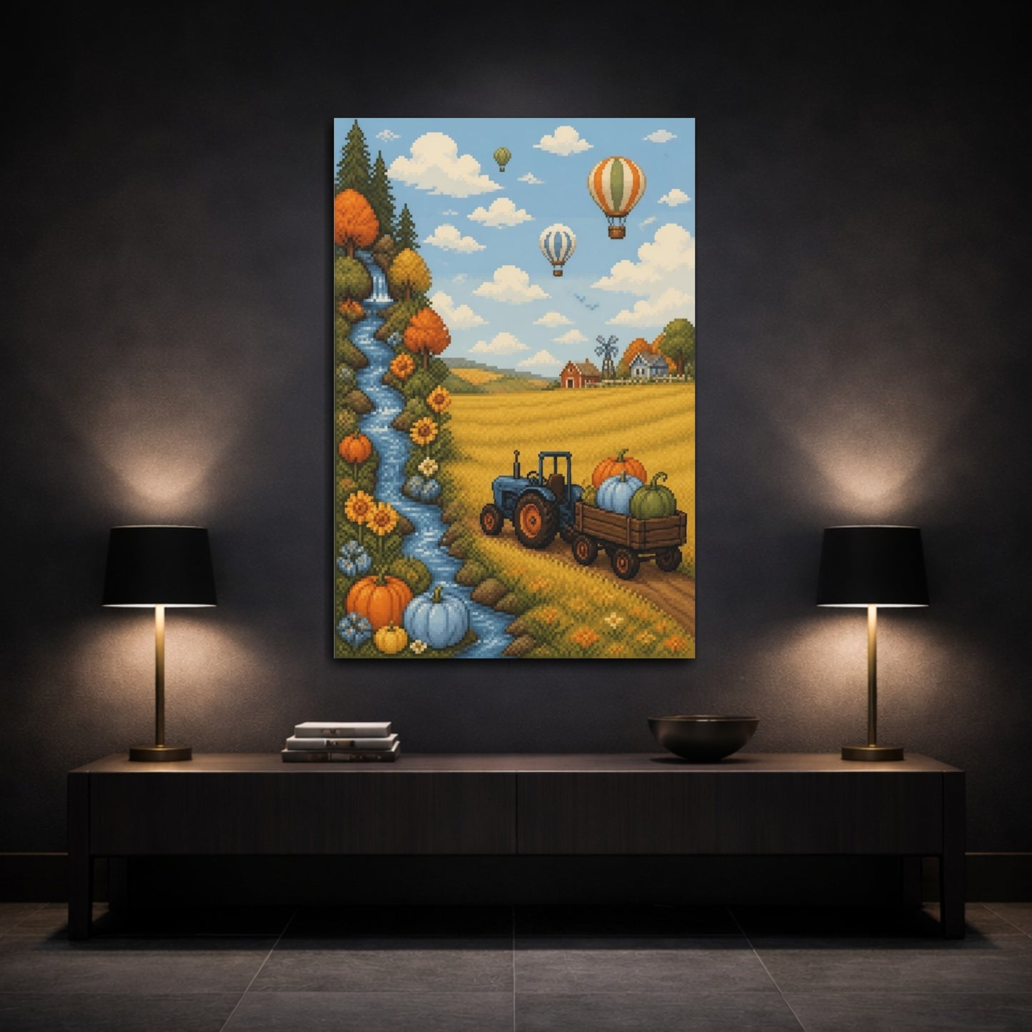 Mockup 3. Kids Tractor Pumpkin Scene shown as canvas print