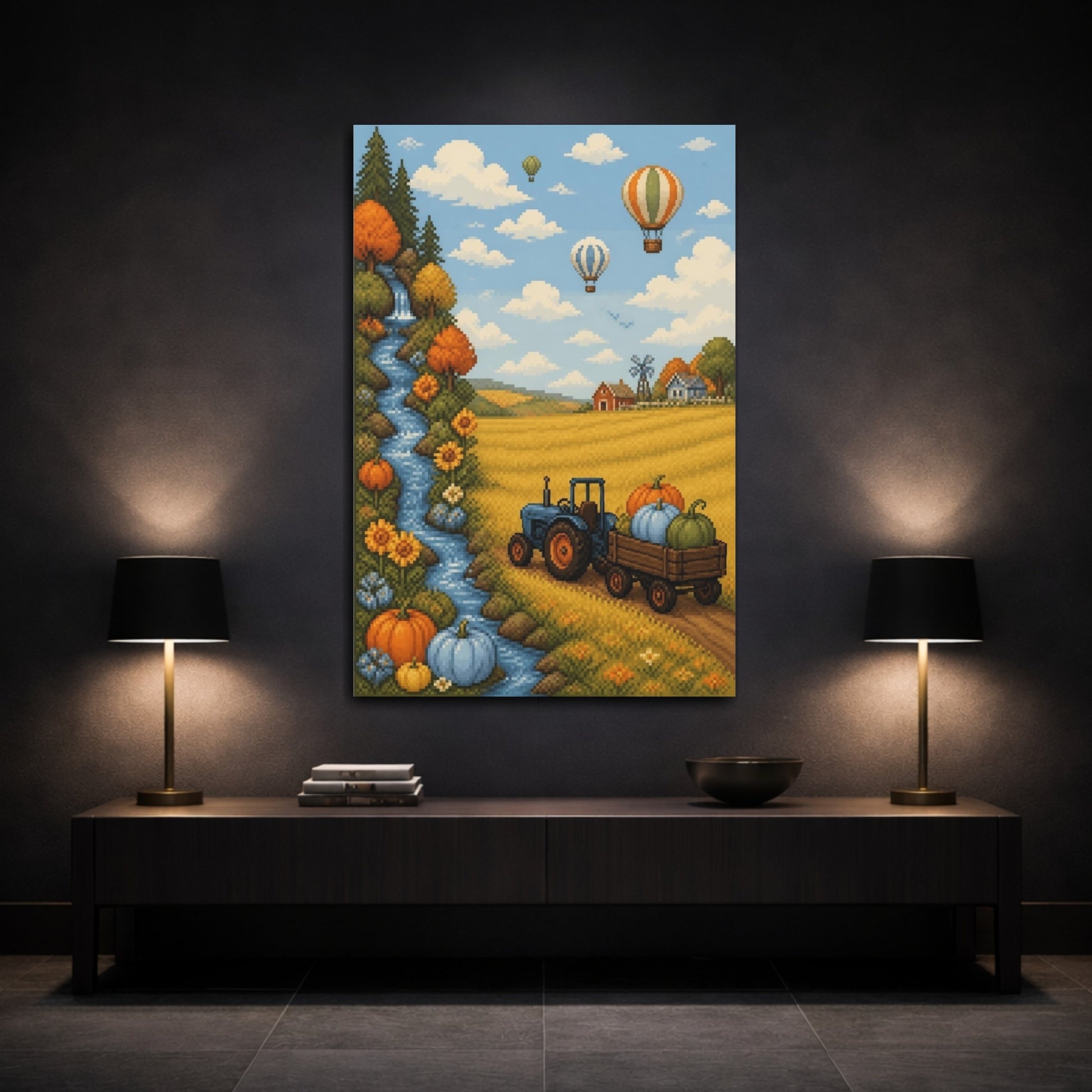 Mockup 3. Kids Tractor Pumpkin Scene shown as canvas print