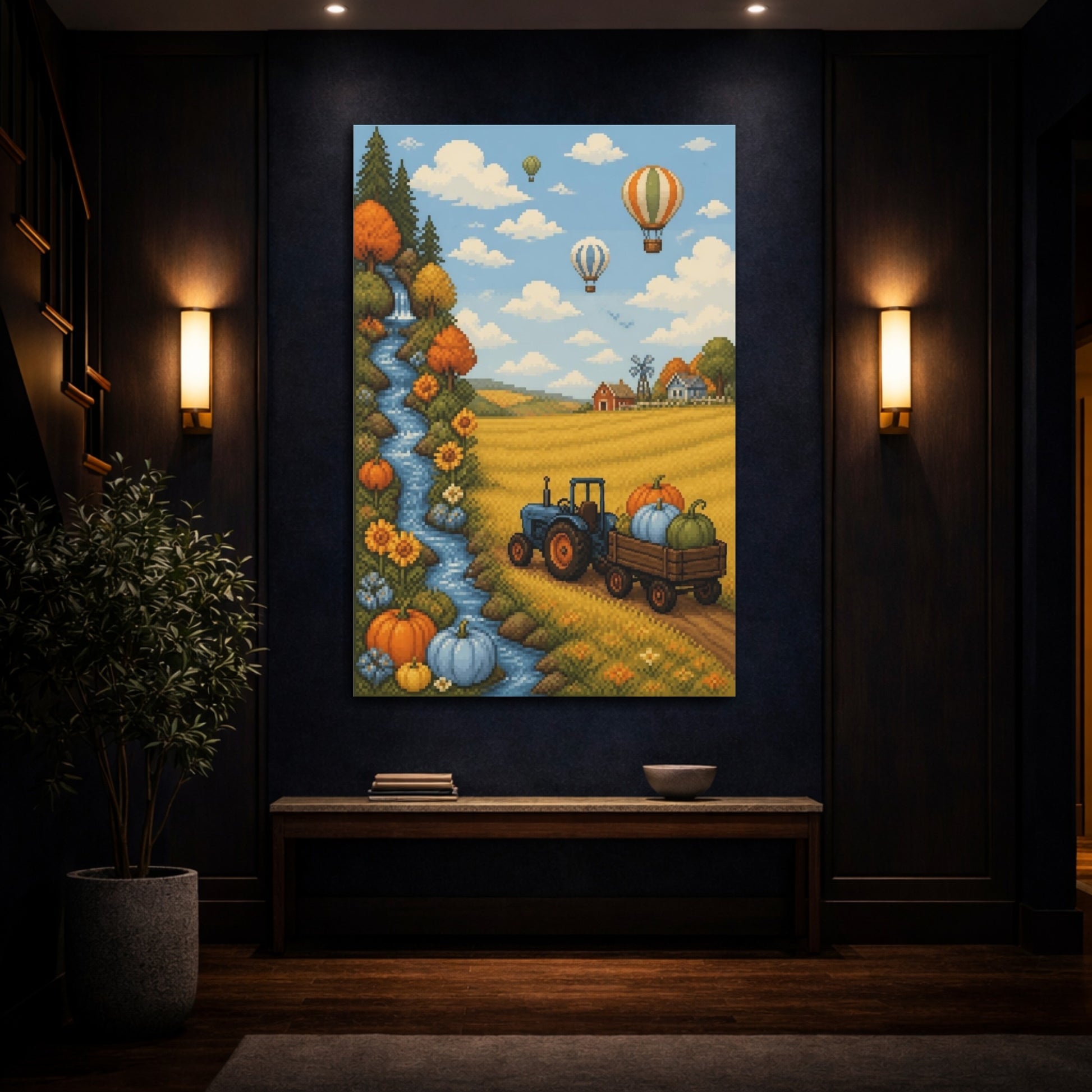 Mockup 4. Kids Tractor Pumpkin Scene shown as canvas print