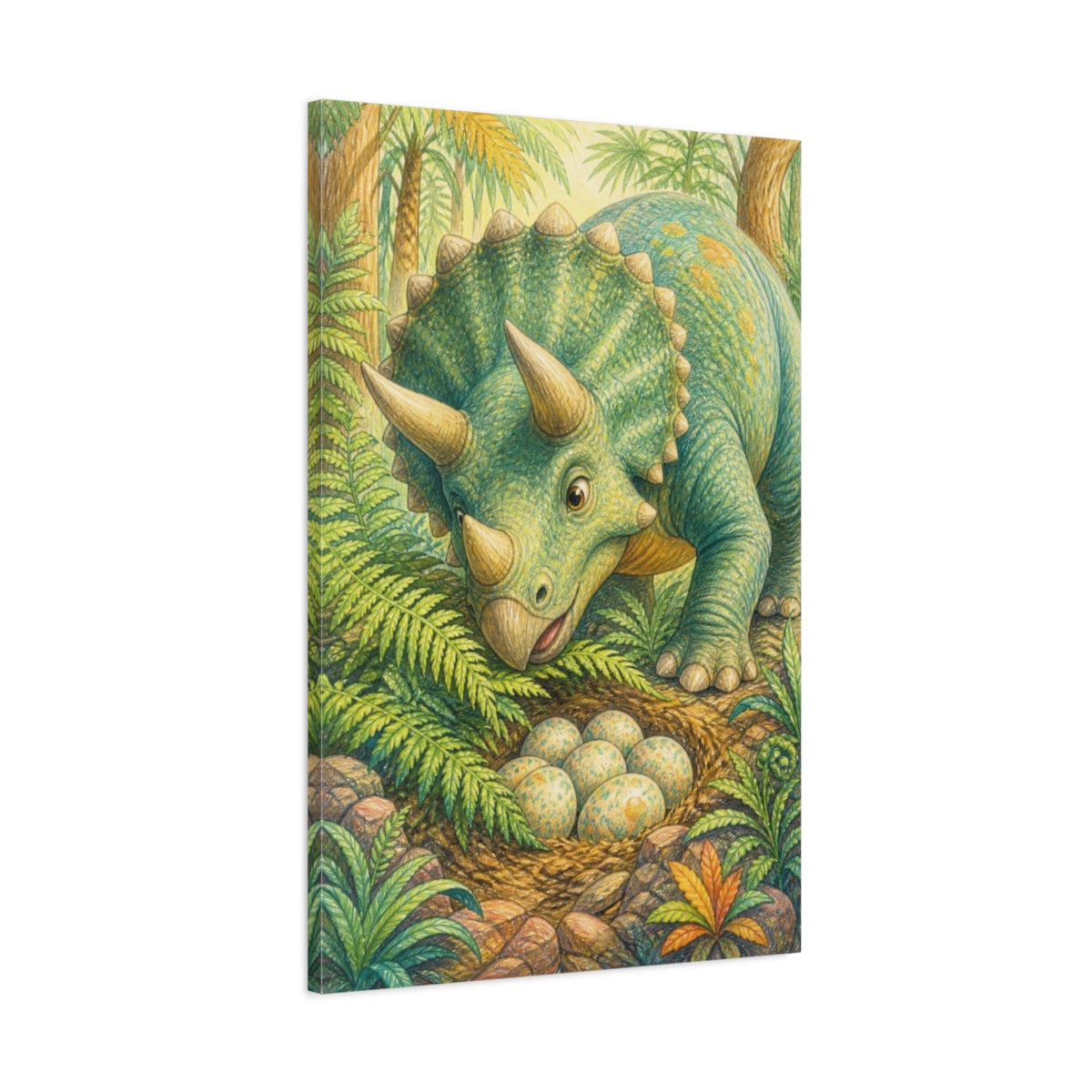 Main Mockup. Kids Triceratops Nest shown as canvas print
