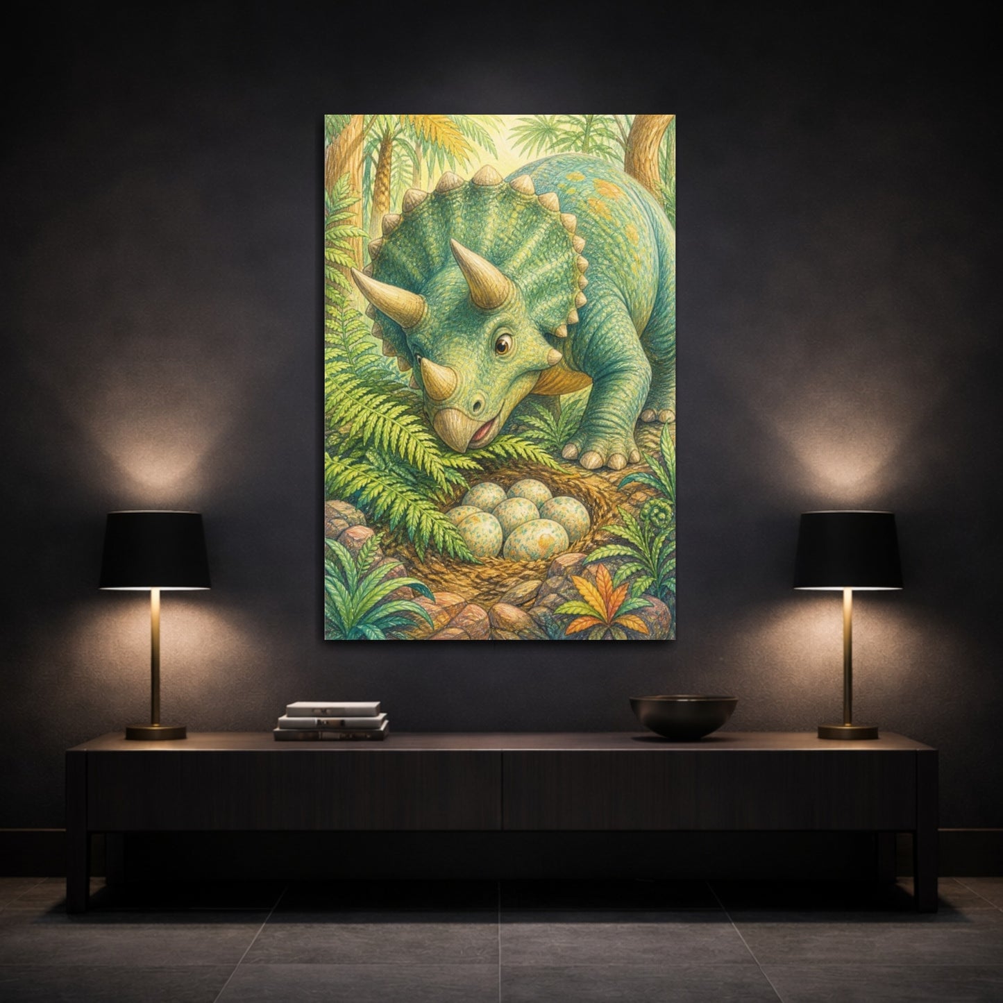 Mockup 3. Kids Triceratops Nest shown as canvas print