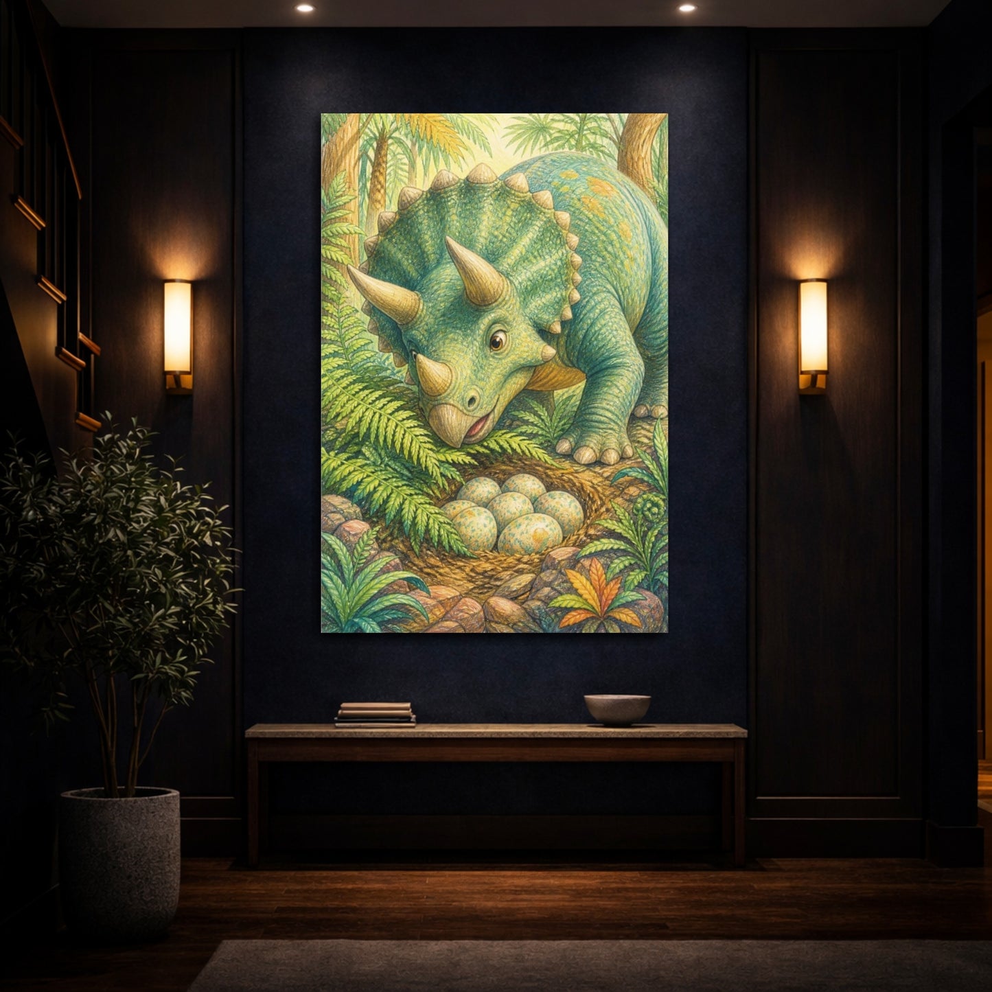 Mockup 4. Kids Triceratops Nest shown as canvas print