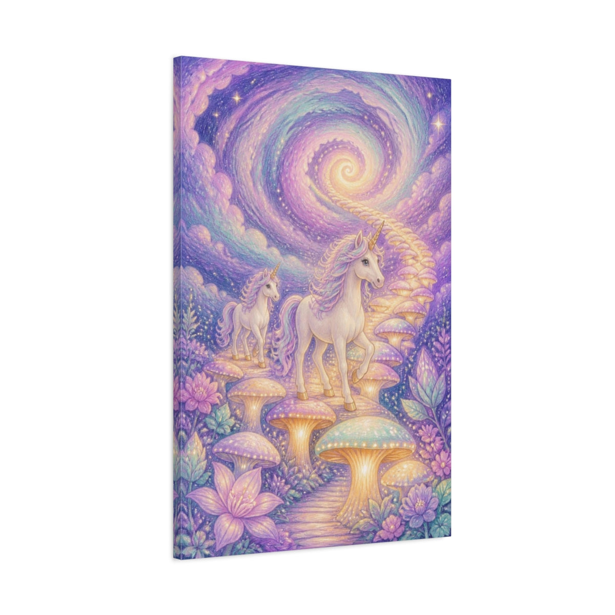 Main Mockup. Kids Unicorn Mushroom Path shown as canvas print