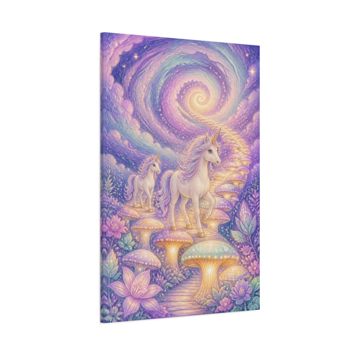 Side Mockup 1. Kids Unicorn Mushroom Path shown as canvas print