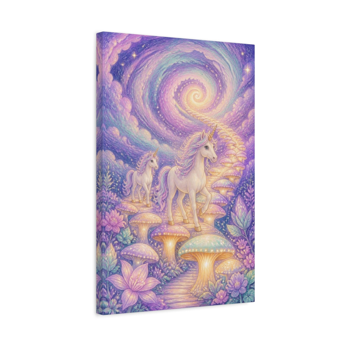 Side Mockup 3. Kids Unicorn Mushroom Path shown as canvas print