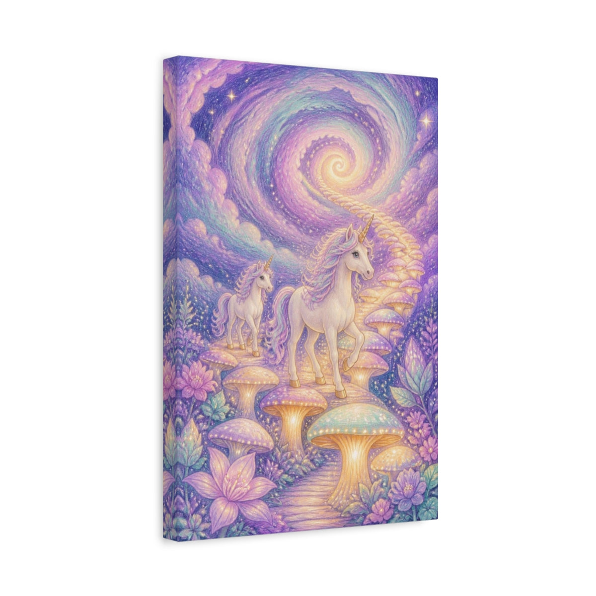 Side Mockup 4. Kids Unicorn Mushroom Path shown as canvas print