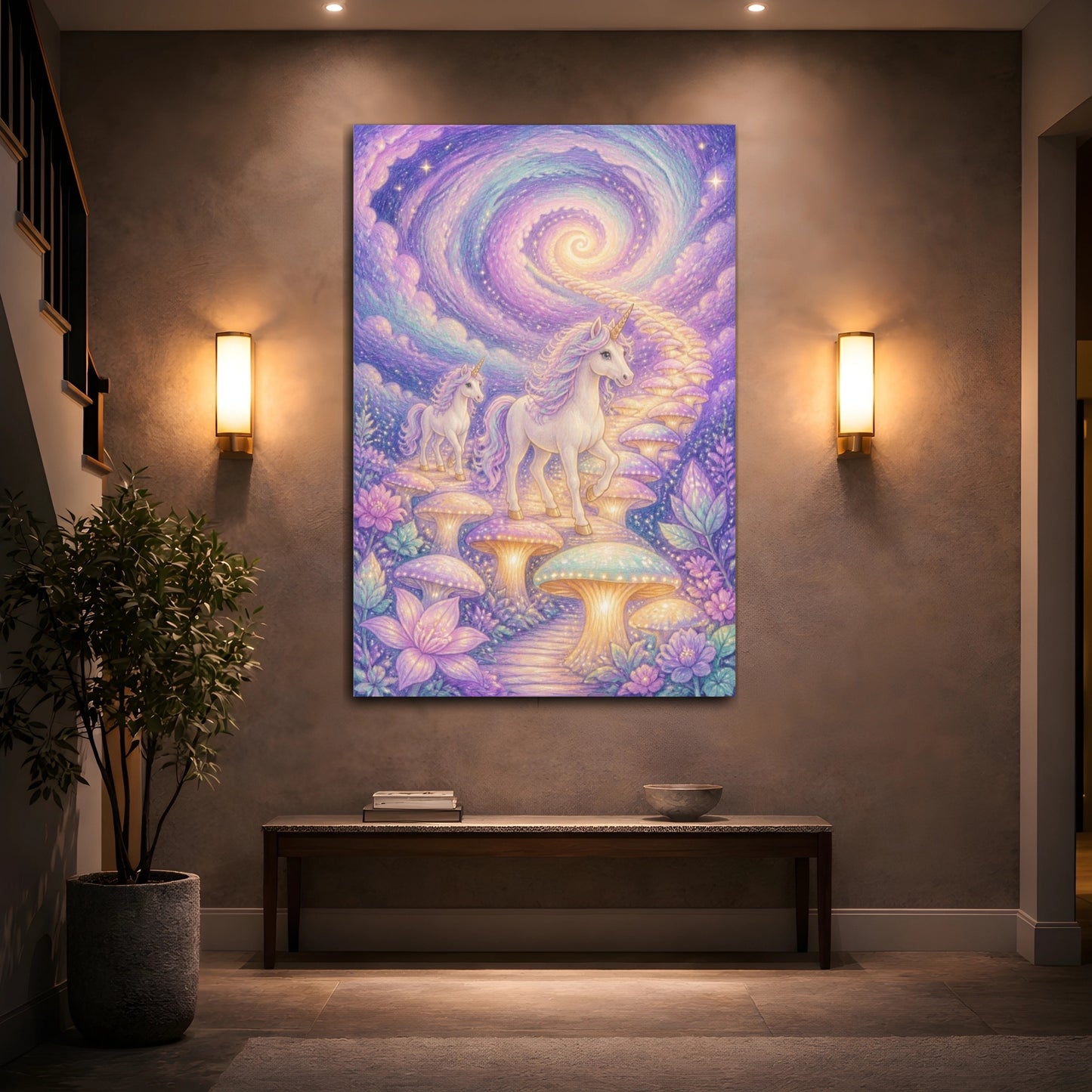 Mockup 2. Kids Unicorn Mushroom Path shown as canvas print