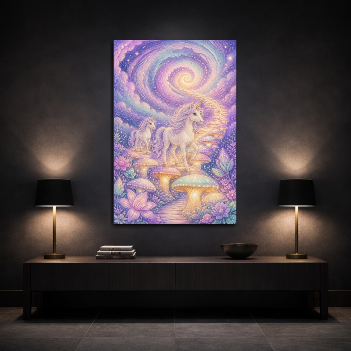 Mockup 3. Kids Unicorn Mushroom Path shown as canvas print