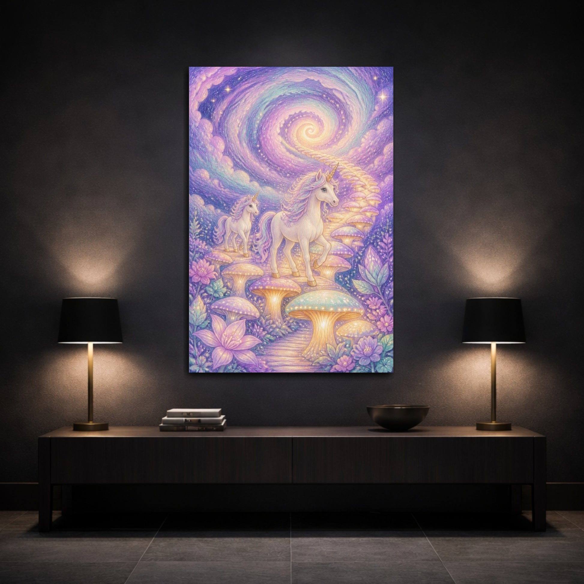 Mockup 3. Kids Unicorn Mushroom Path shown as canvas print