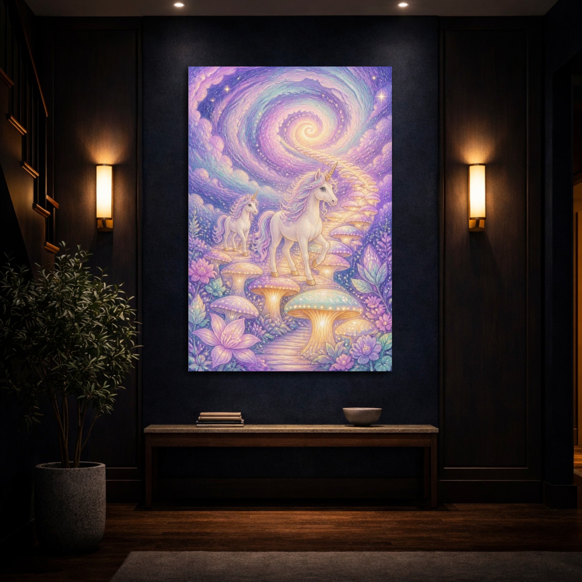 Mockup 4. Kids Unicorn Mushroom Path shown as canvas print