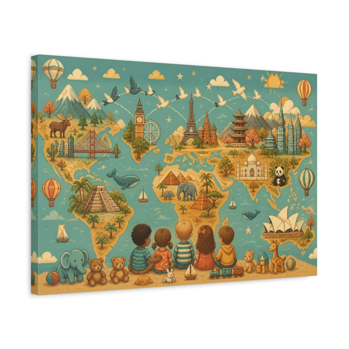 Side Mockup 3. Kids World Map shown as canvas print