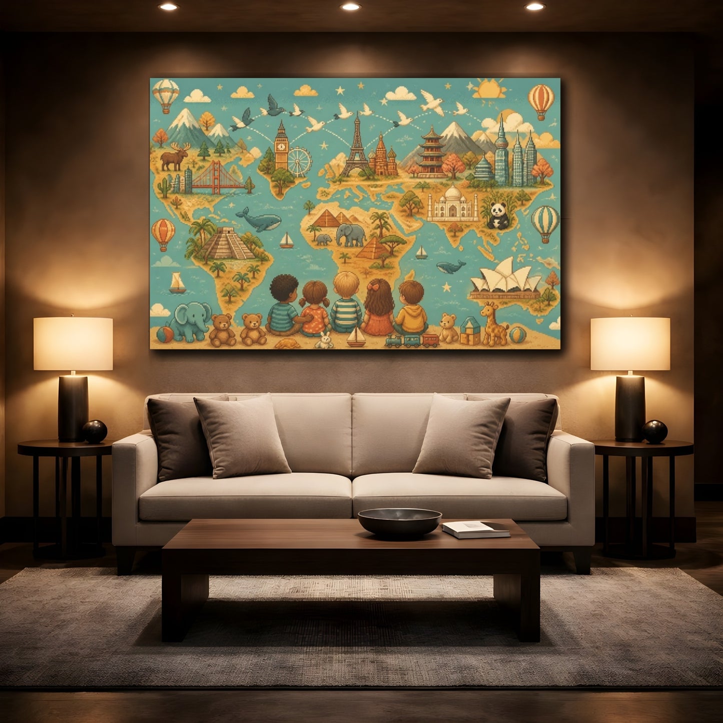 Mockup 2. Kids World Map shown as canvas print