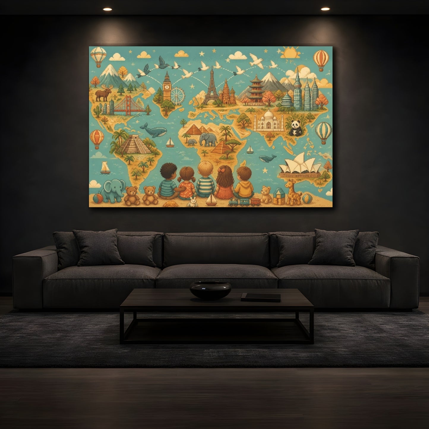 Mockup 3. Kids World Map shown as canvas print
