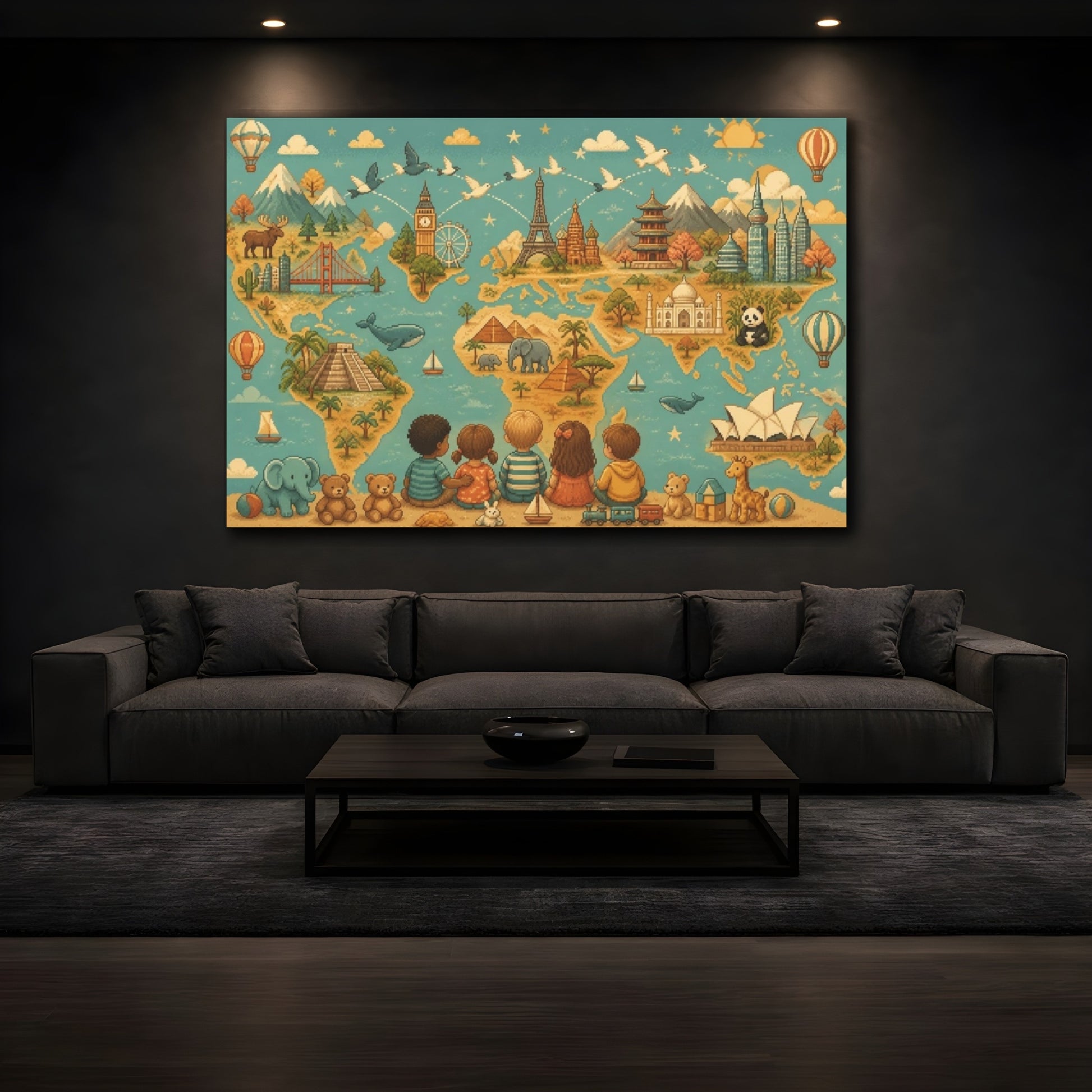 Mockup 3. Kids World Map shown as canvas print