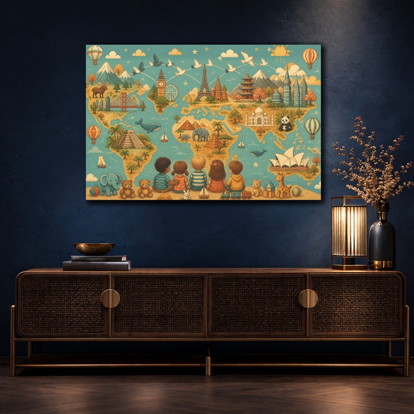 Mockup 4. Kids World Map shown as canvas print