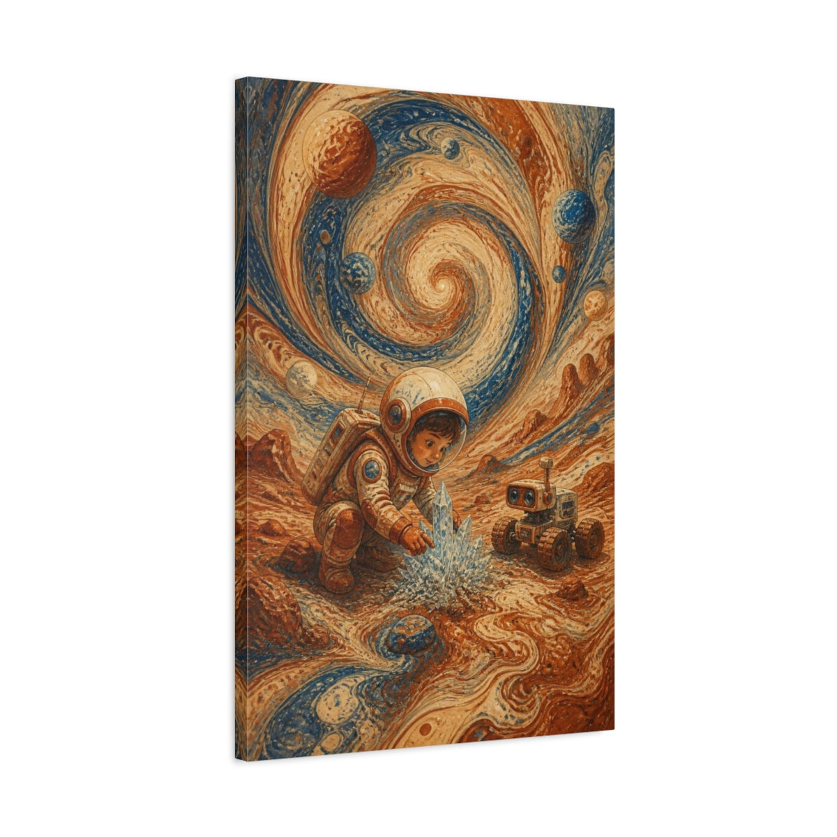 Side Mockup 2. Kids Young Astronaut Child Ice Crystals shown as canvas print