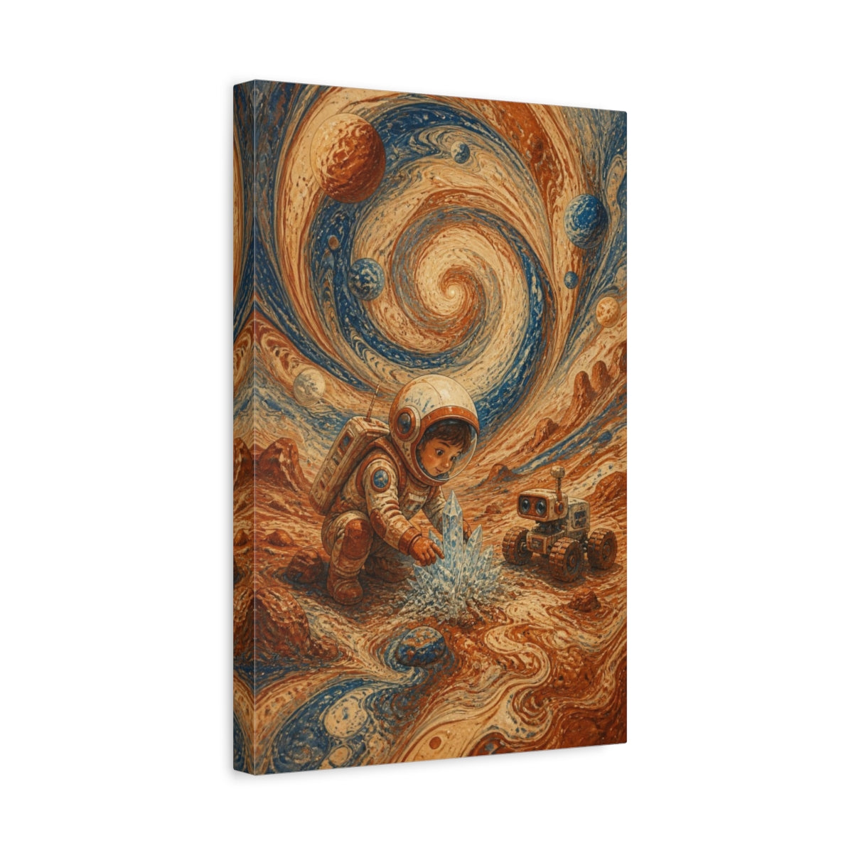 Side Mockup 4. Kids Young Astronaut Child Ice Crystals shown as canvas print