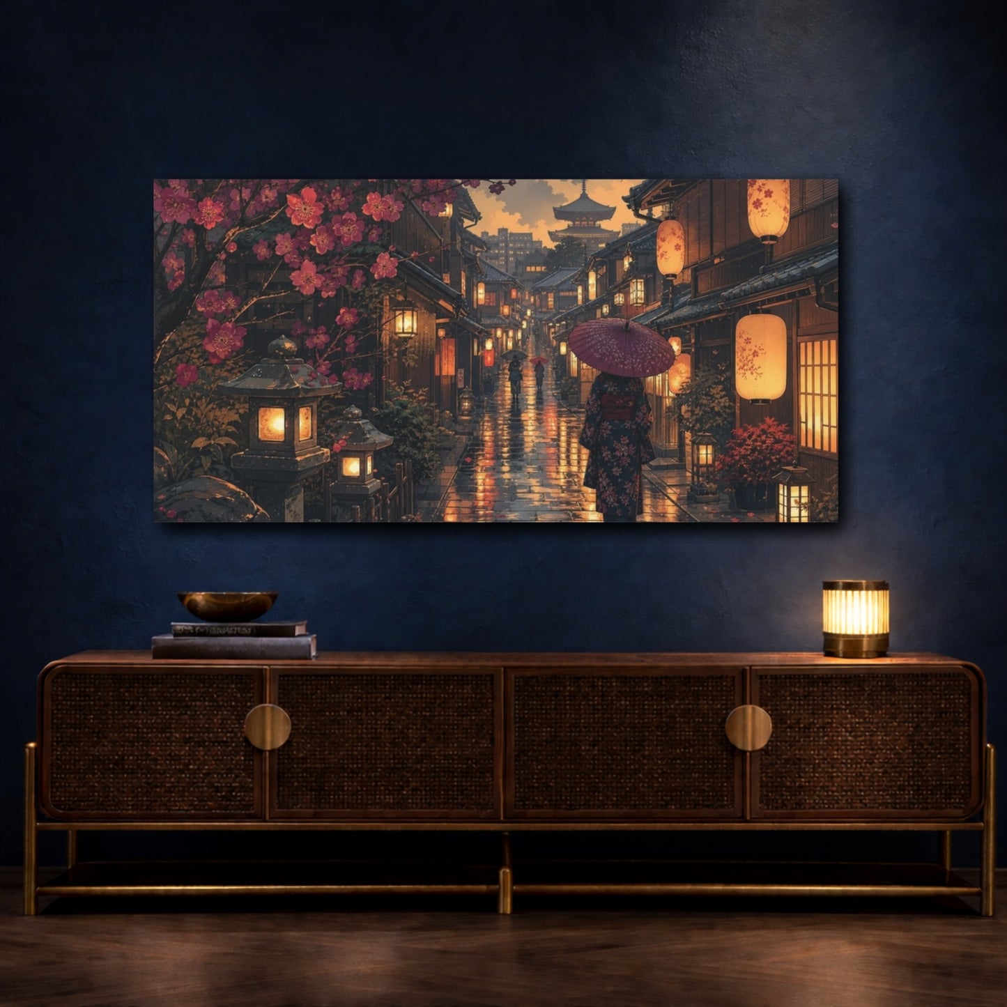 Mockup 4. Kimono Woman Floral Japanese Alley shown as canvas print