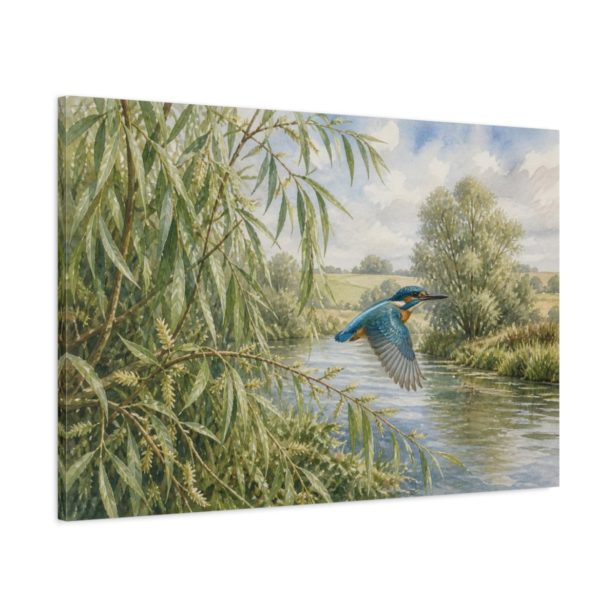 Main Mockup. Kingfisher Over Willow River shown as canvas print