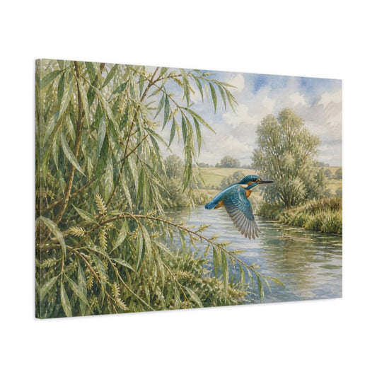 Main Mockup. Kingfisher Over Willow River shown as canvas print