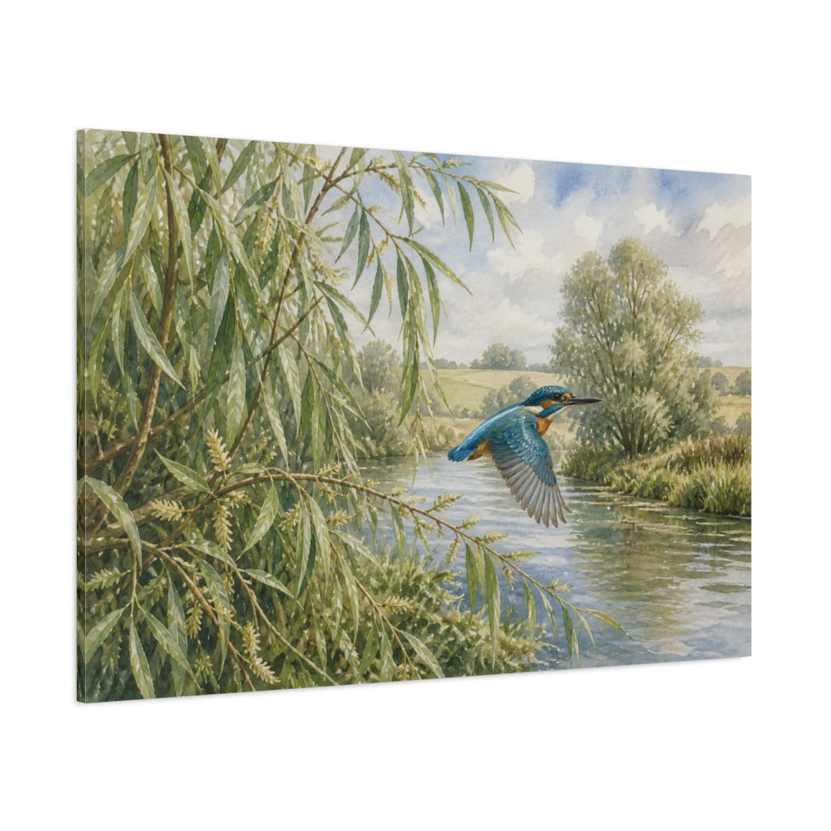 Side Mockup 1. Kingfisher Over Willow River shown as canvas print