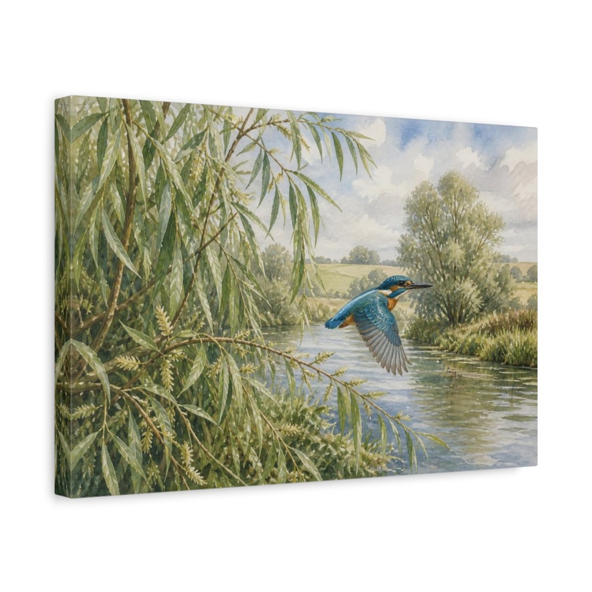 Side Mockup 4. Kingfisher Over Willow River shown as canvas print
