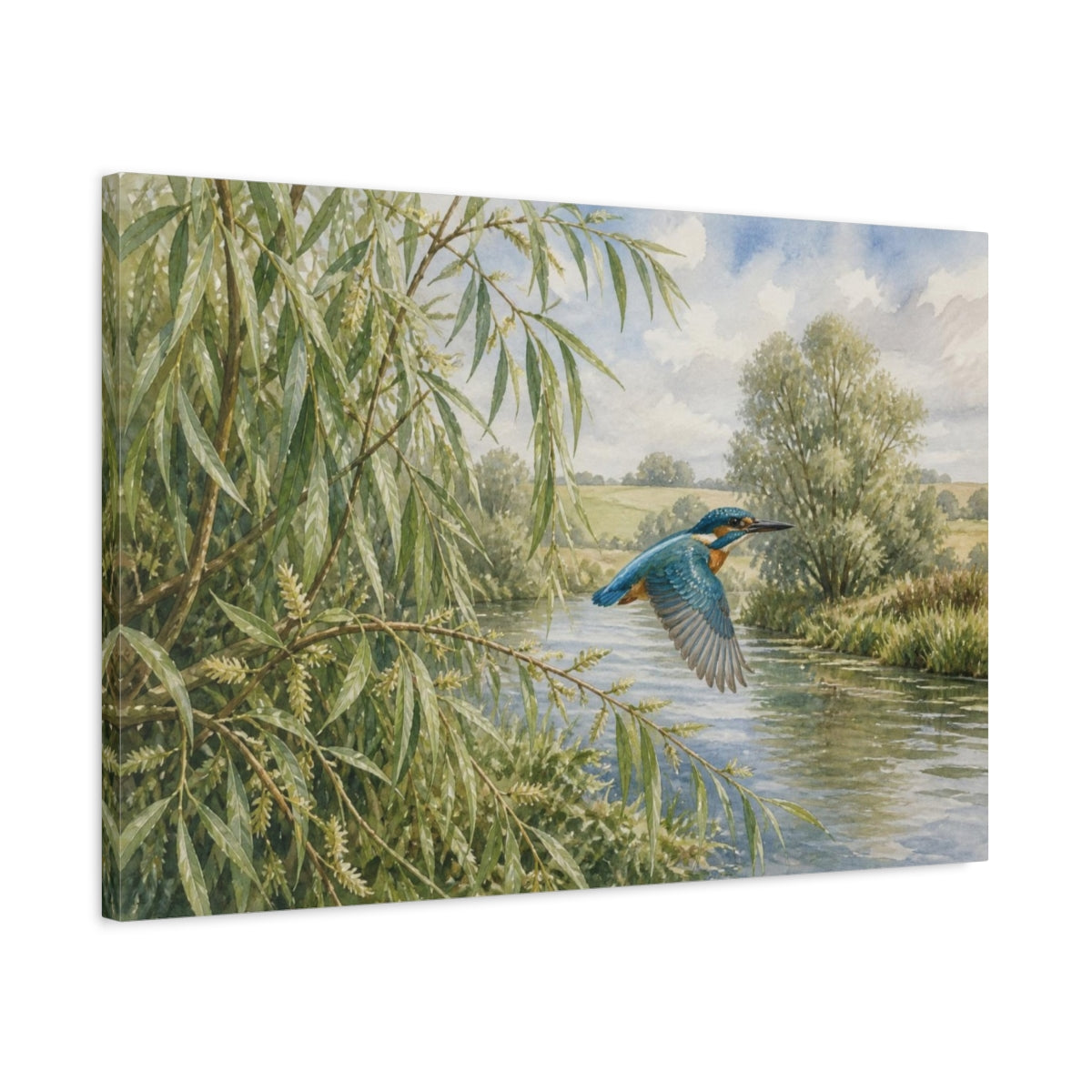 Side Mockup 2. Kingfisher Over Willow River shown as canvas print