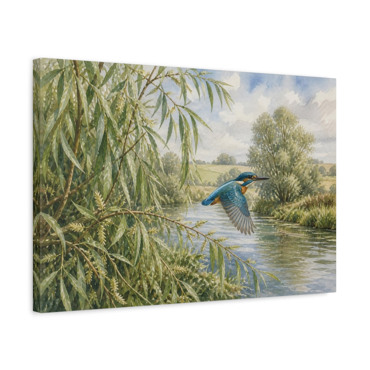 Side Mockup 3. Kingfisher Over Willow River shown as canvas print