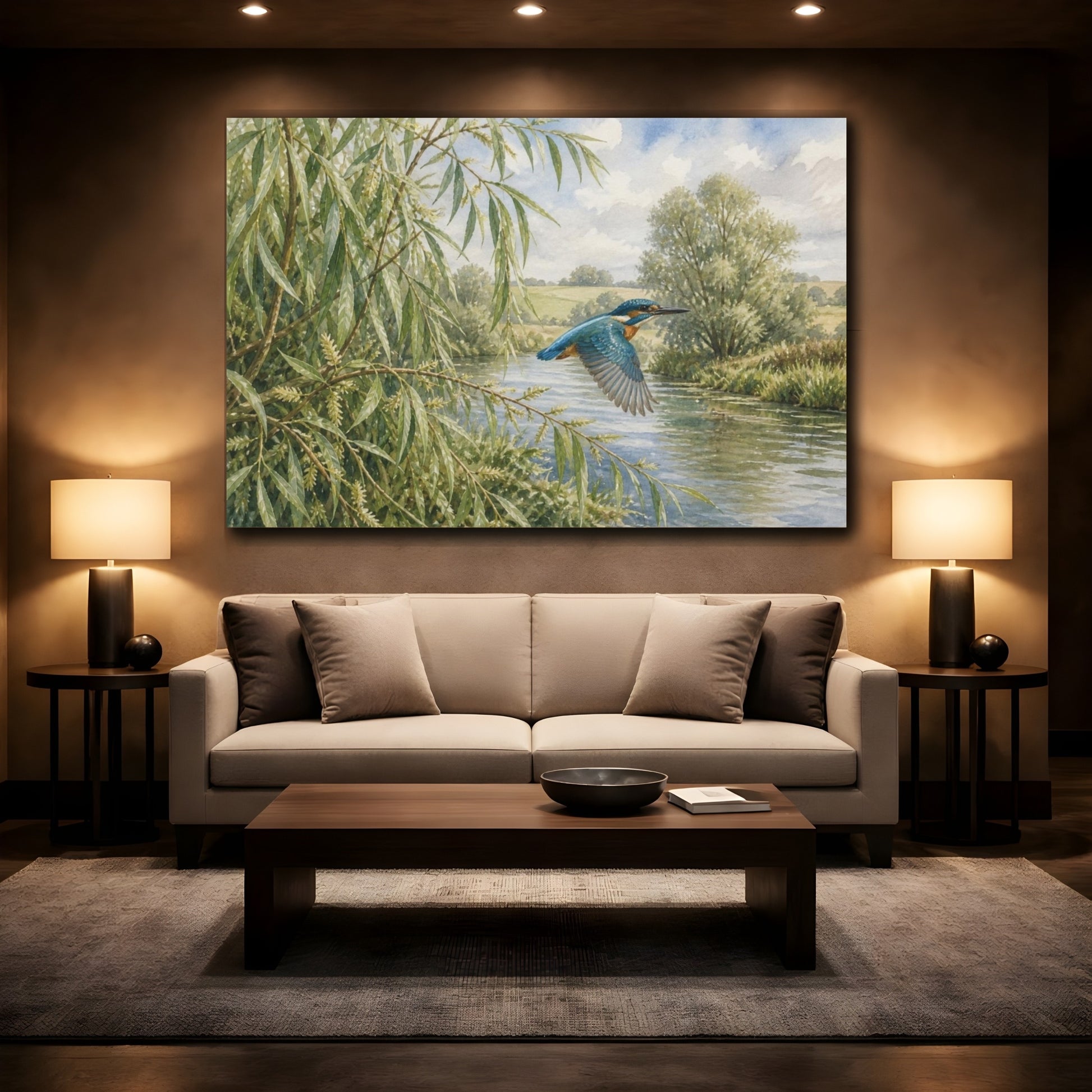 Mockup 2. Kingfisher Over Willow River shown as canvas print