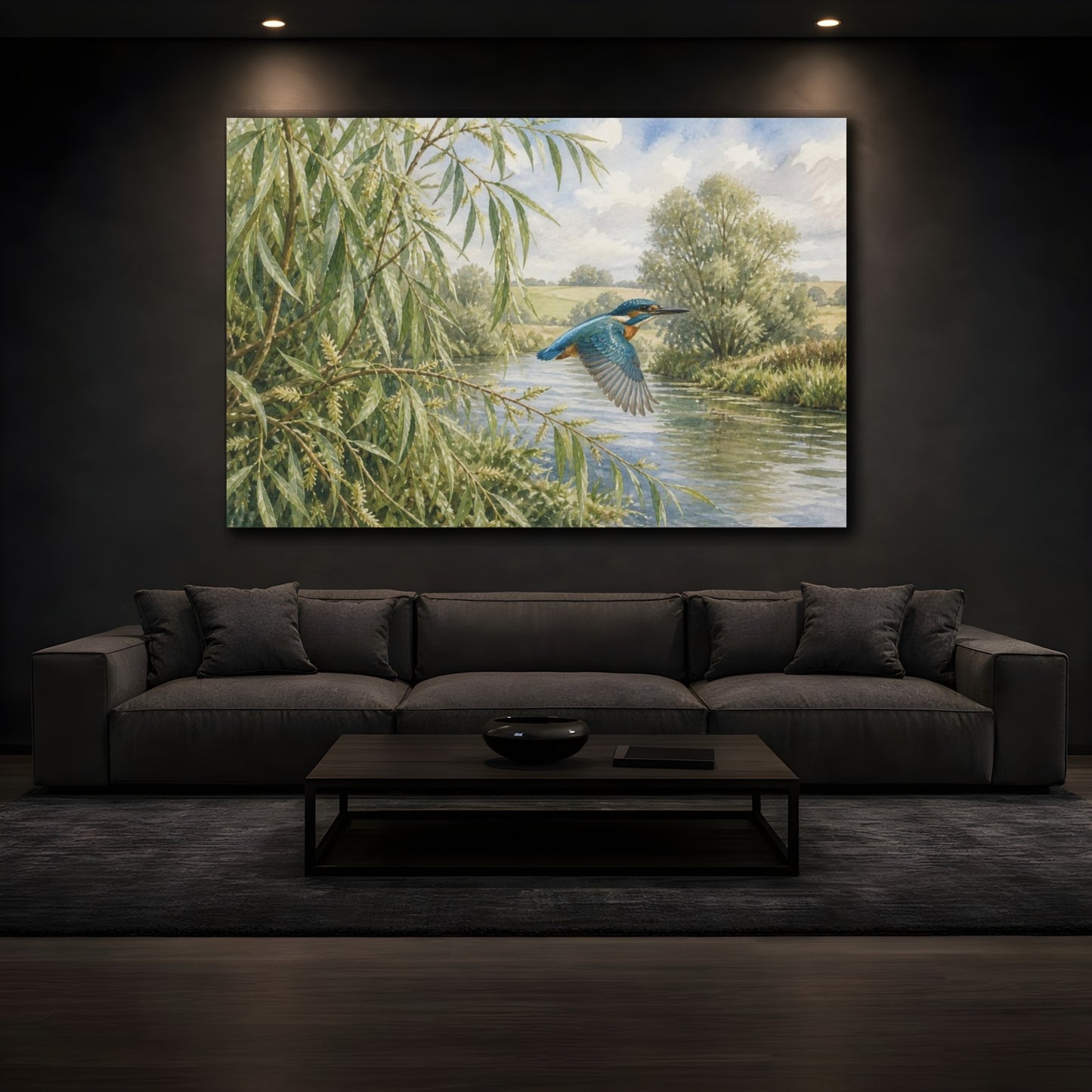 Mockup 3. Kingfisher Over Willow River shown as canvas print