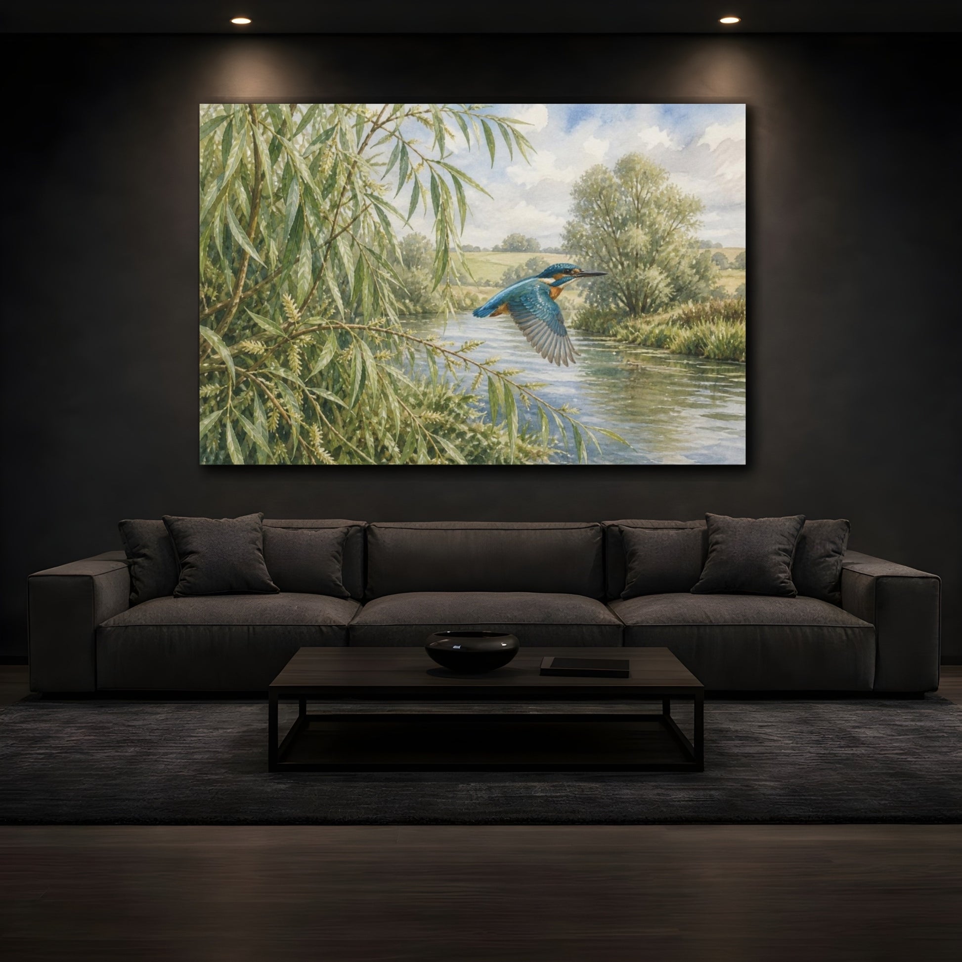 Mockup 3. Kingfisher Over Willow River shown as canvas print