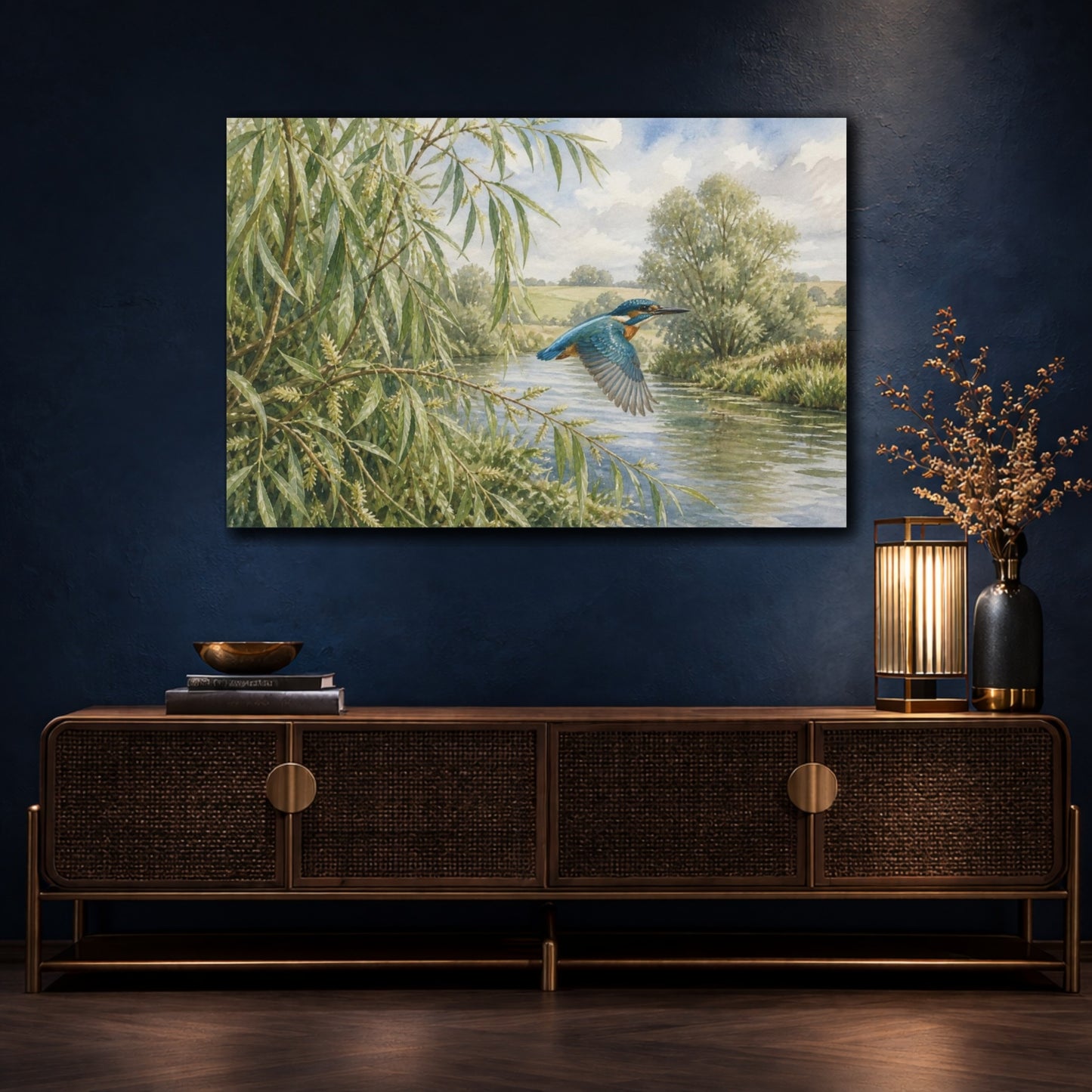Mockup 4. Kingfisher Over Willow River shown as canvas print