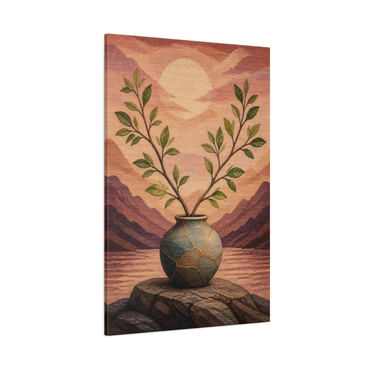 Side Mockup 1. Kintsugi Vase With Branches shown as canvas print