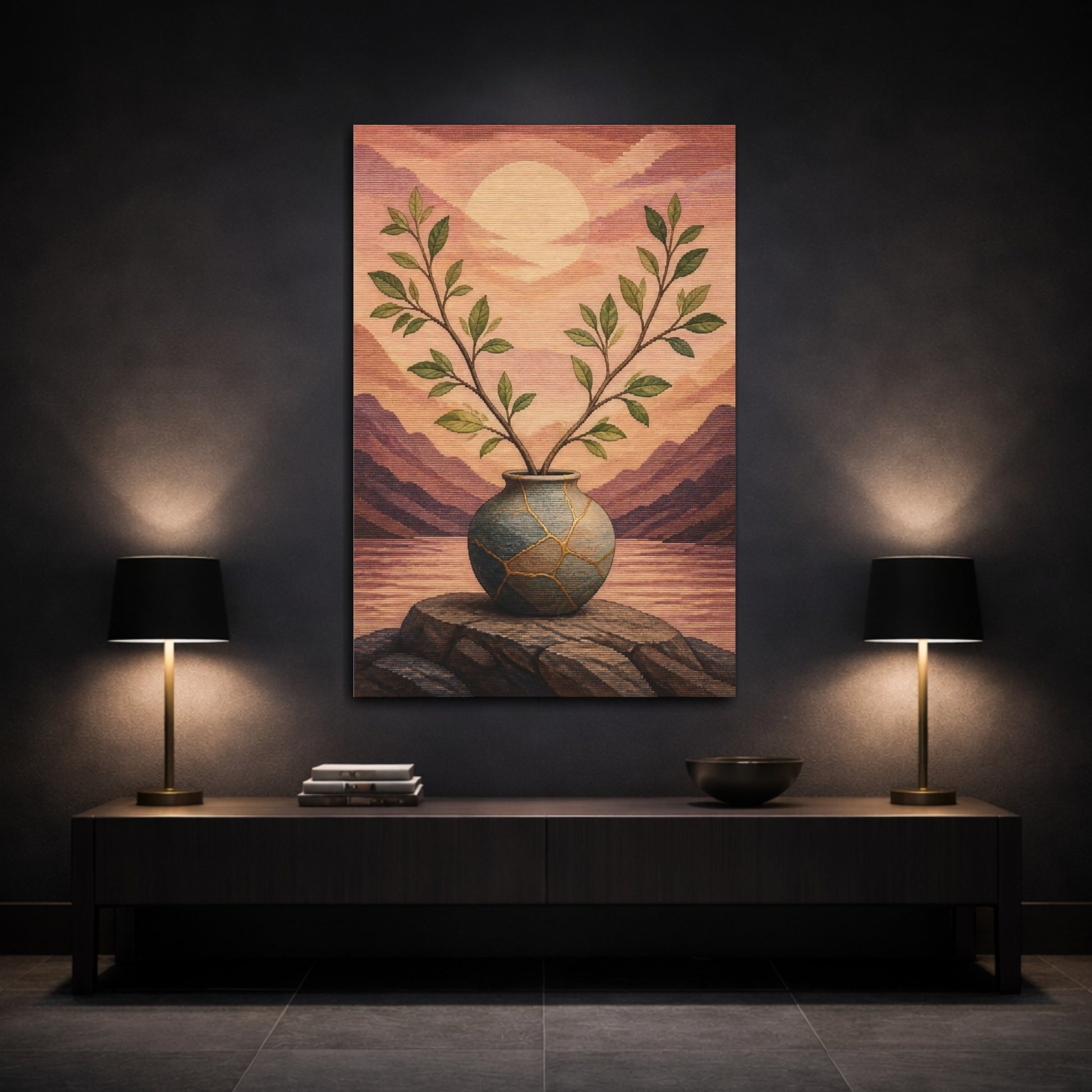 Mockup 3. Kintsugi Vase With Branches shown as canvas print