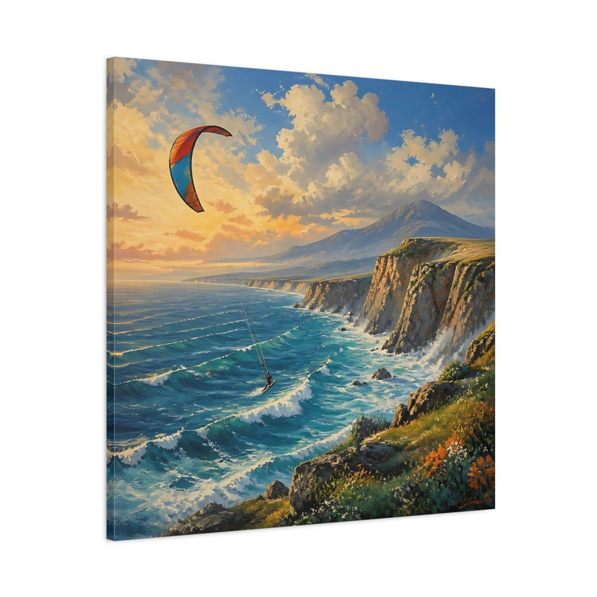 Main Mockup. Kite Surfer Coastal Landscape shown as canvas print