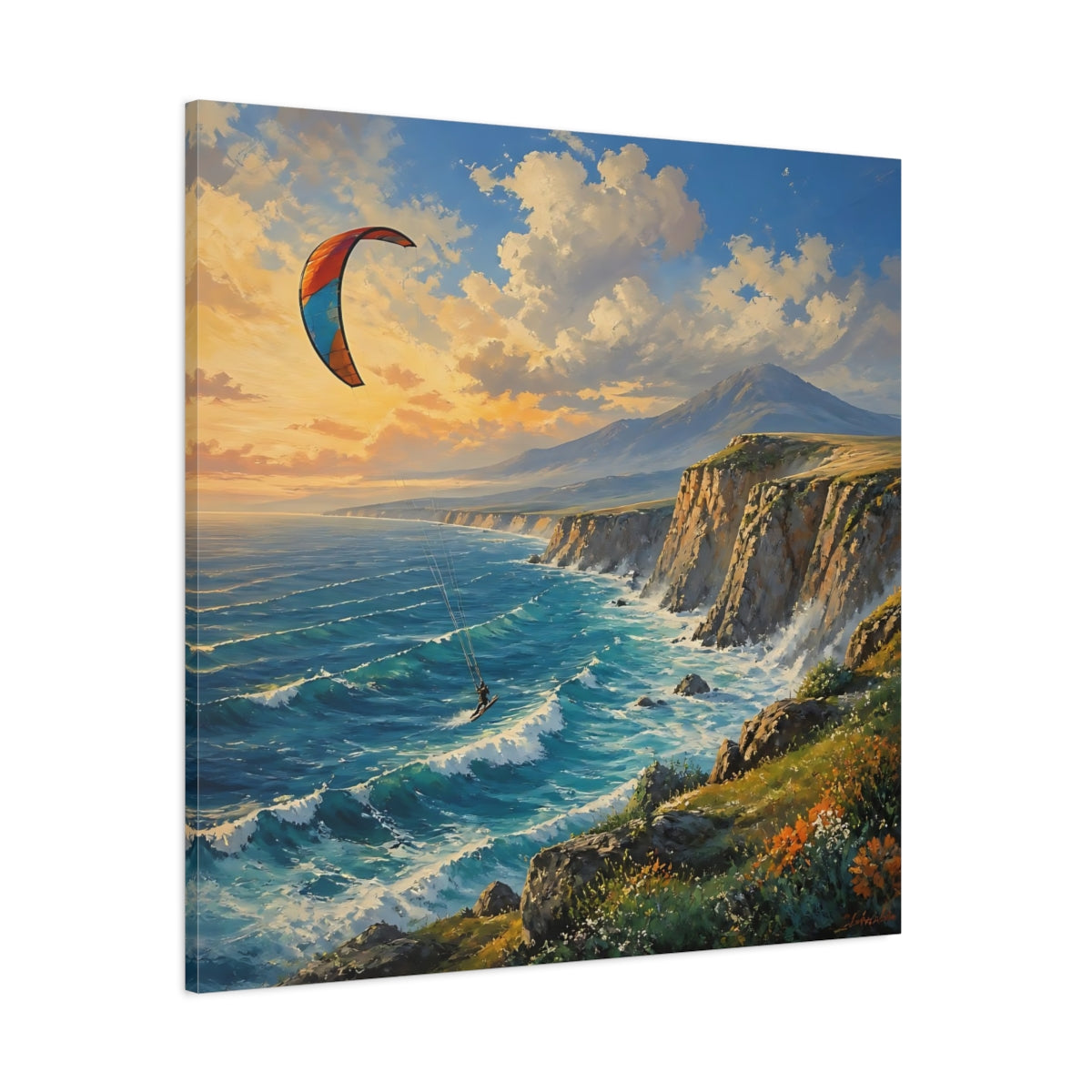 Side Mockup 1. Kite Surfer Coastal Landscape shown as canvas print