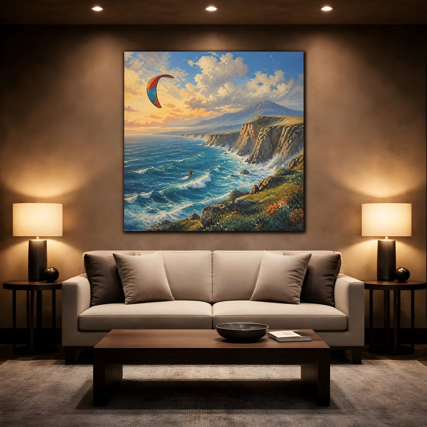 Mockup 2. Kite Surfer Coastal Landscape shown as canvas print