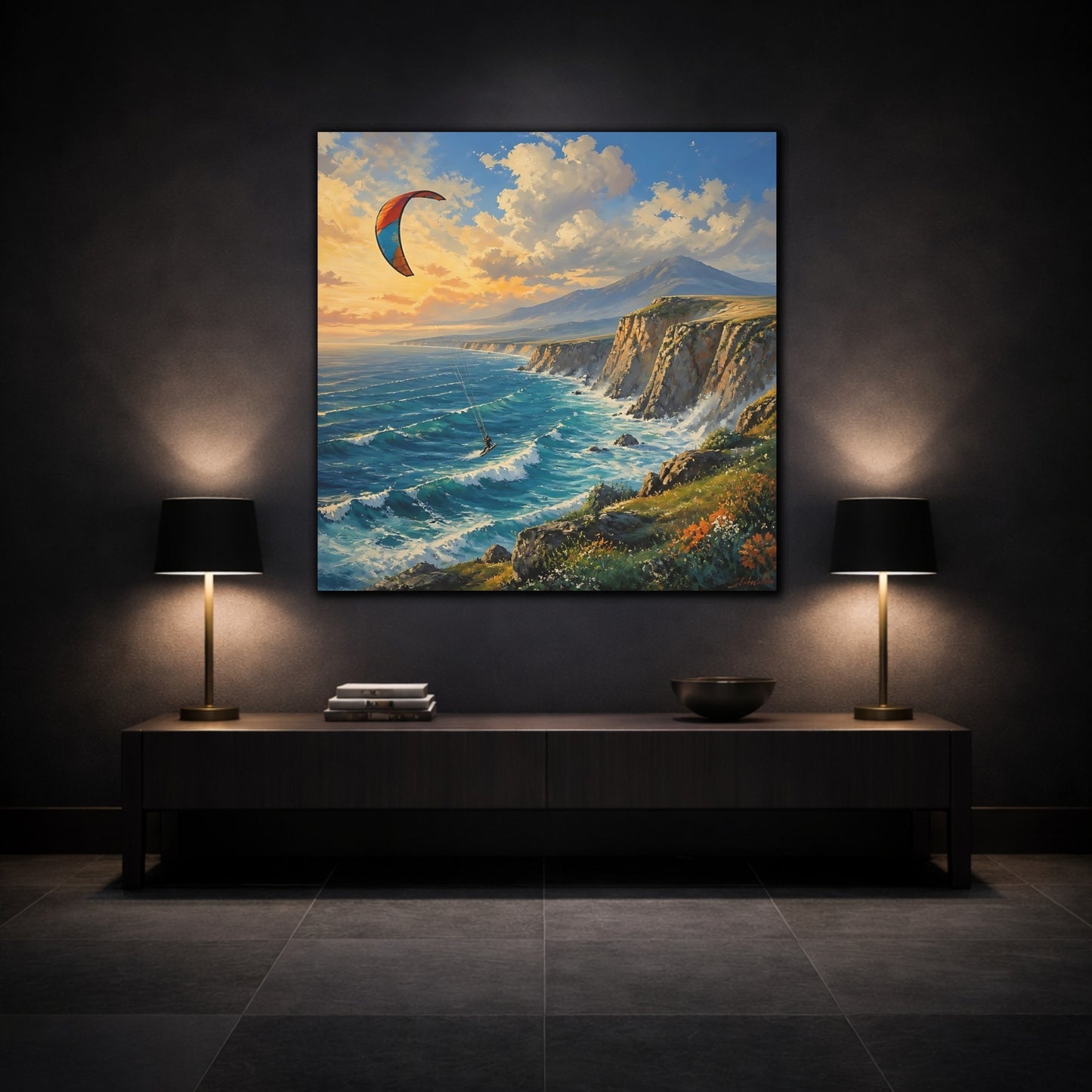 Mockup 3. Kite Surfer Coastal Landscape shown as canvas print