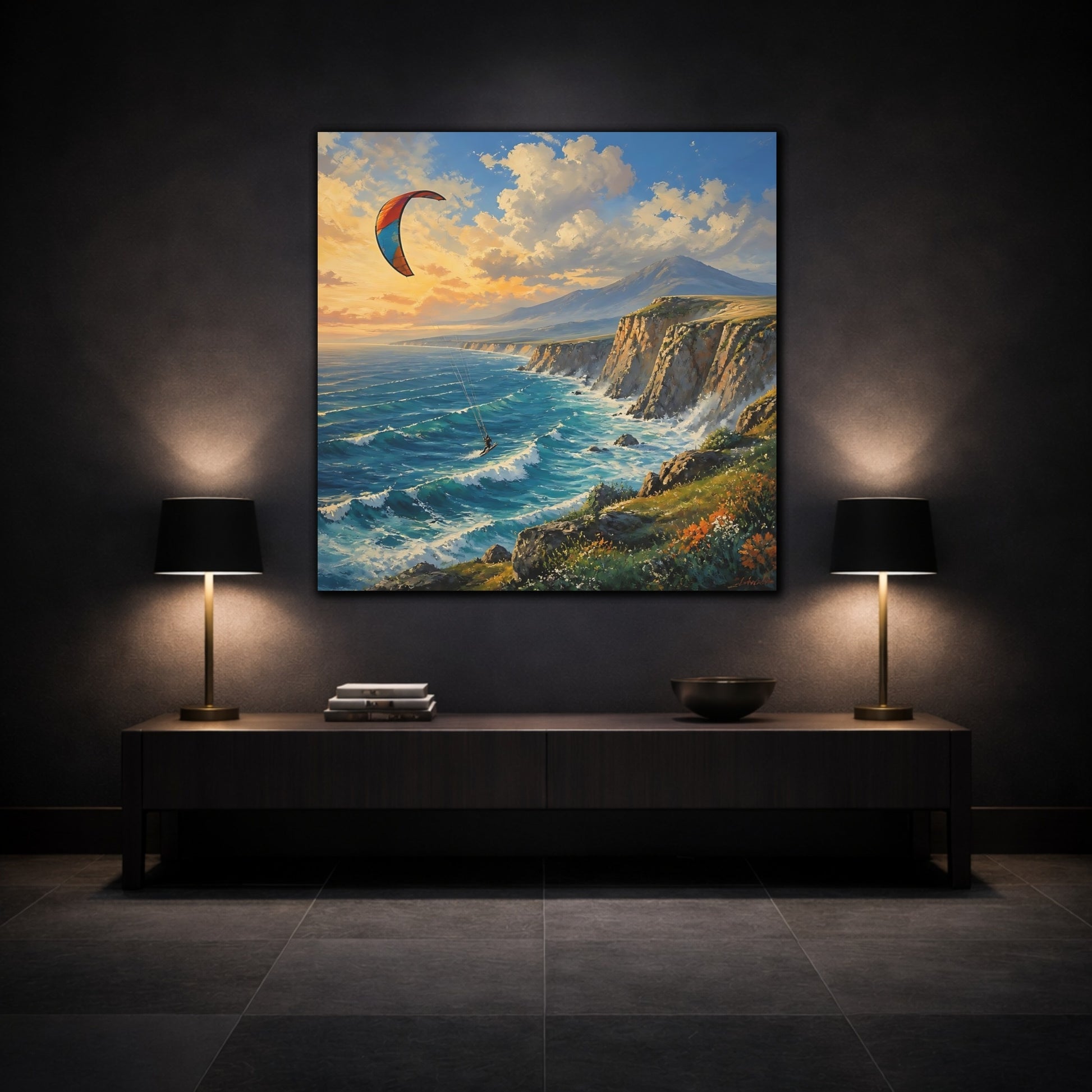 Mockup 3. Kite Surfer Coastal Landscape shown as canvas print