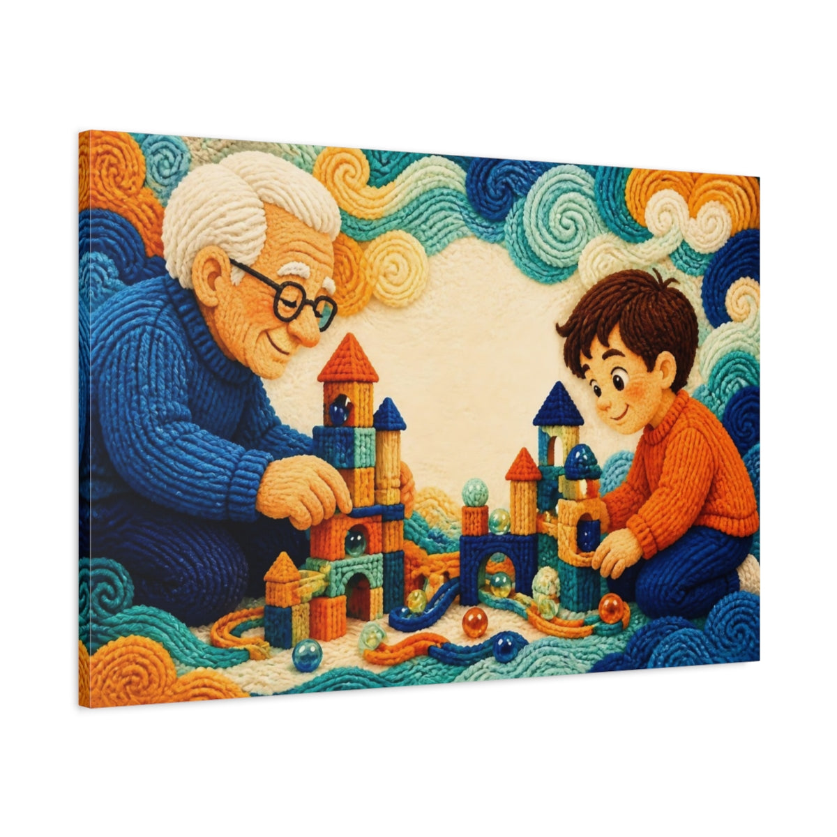 Main Mockup. Knitted Grandparent And Child shown as canvas print