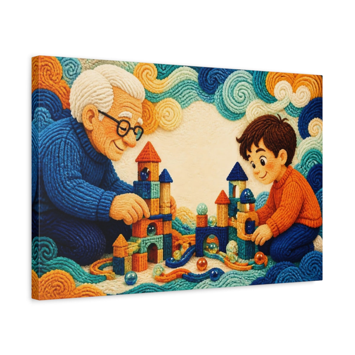 Side Mockup 3. Knitted Grandparent And Child shown as canvas print