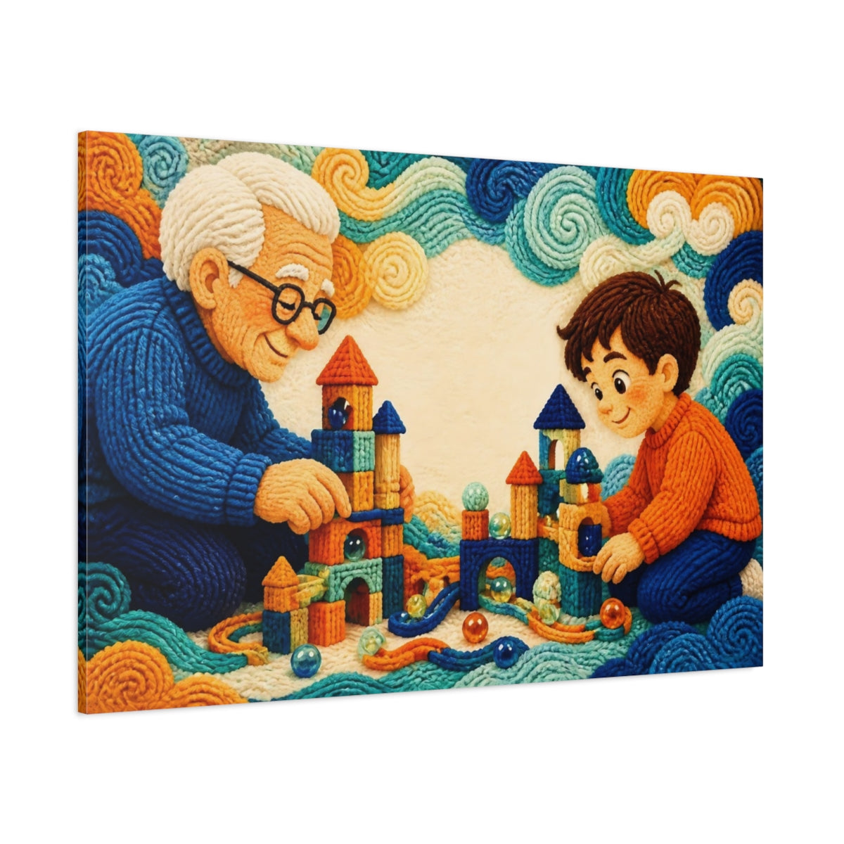 Side Mockup 1. Knitted Grandparent And Child shown as canvas print