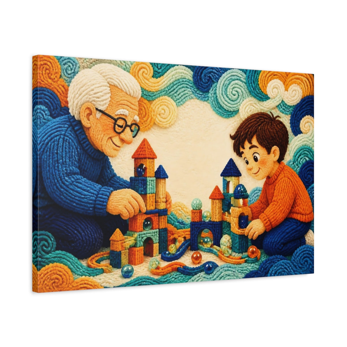 Side Mockup 2. Knitted Grandparent And Child shown as canvas print
