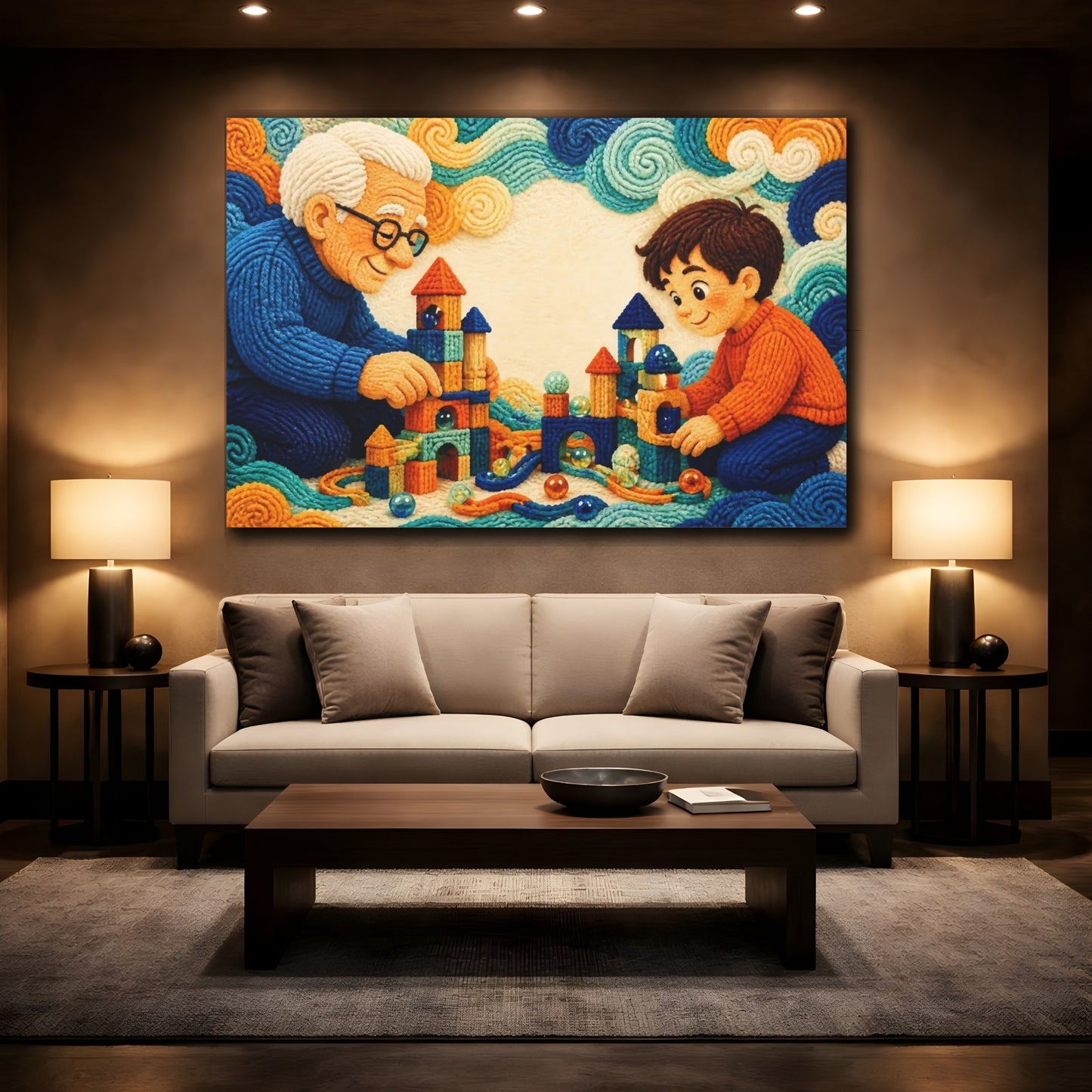 Mockup 2. Knitted Grandparent And Child shown as canvas print